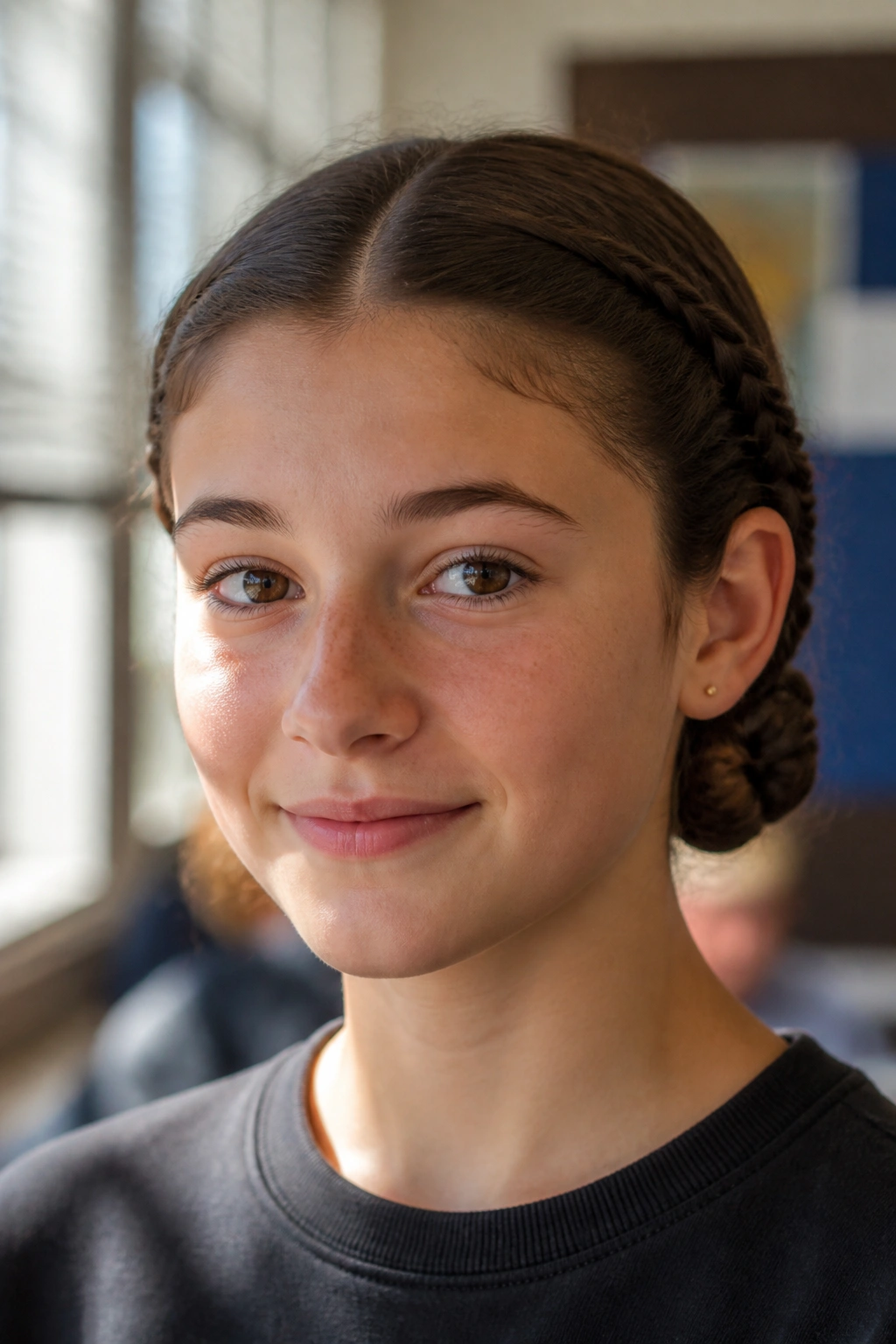 Close-up of a real teen girl with tucked-in pigtail braids, ends tucked under and pinned.