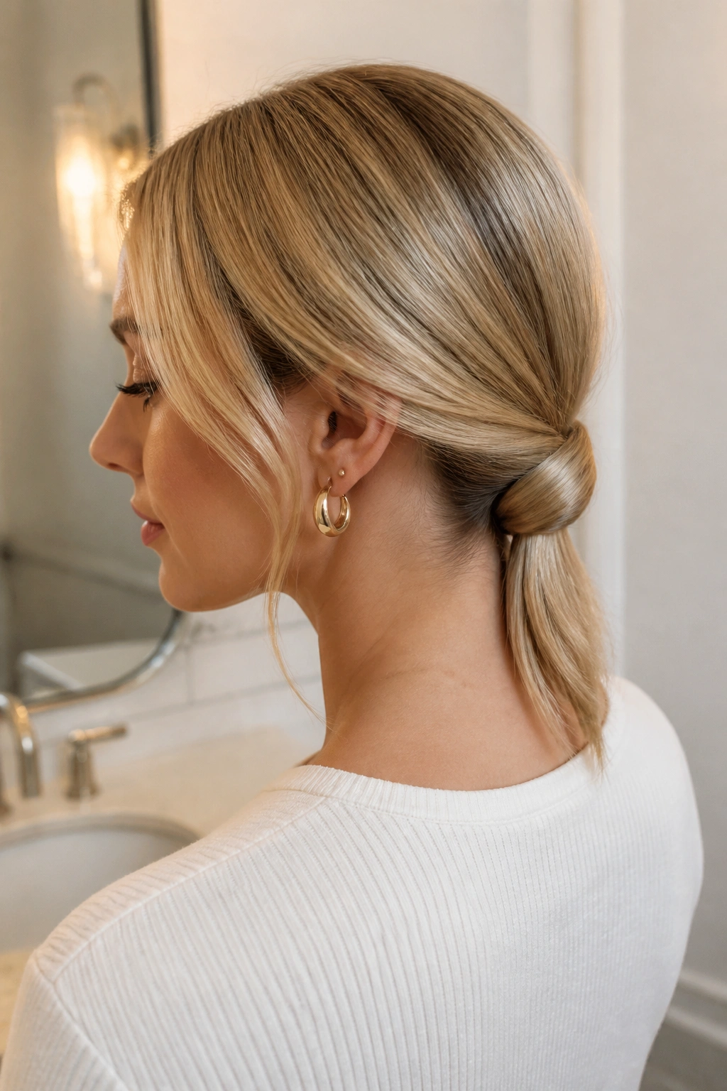 Close-up of tucked-in ponytail with tucked ends in warm bathroom light