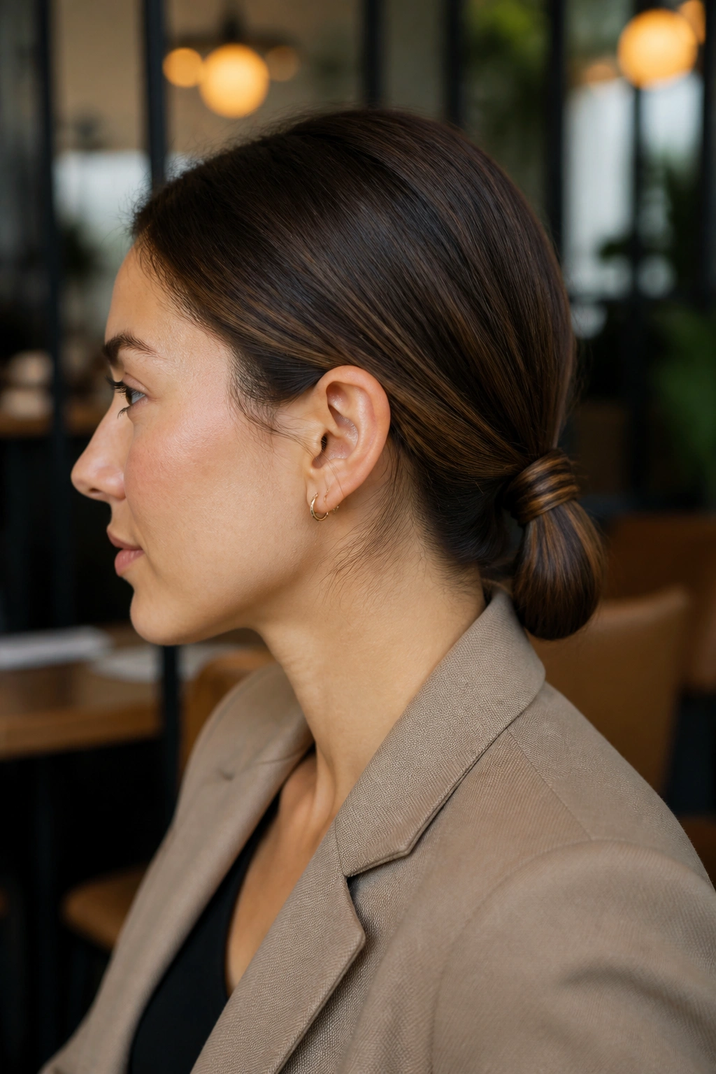 Close-up portrait of a woman with a tucked-in low ponytail in a cozy cafe setting