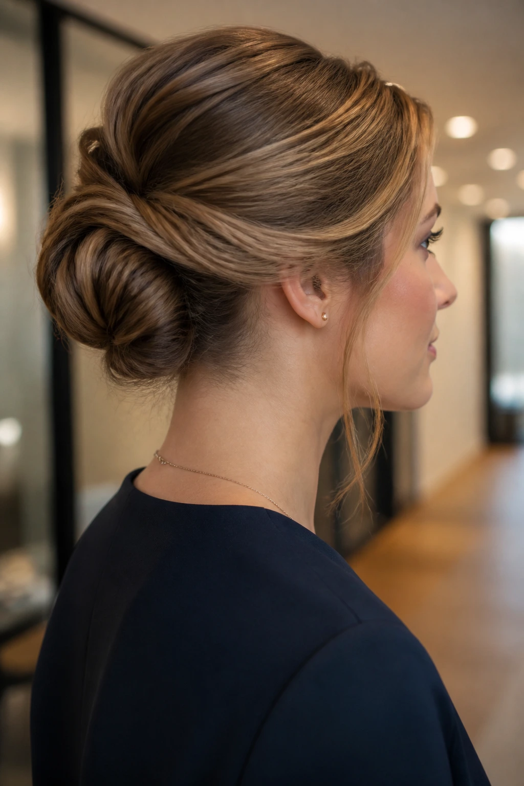 Close-up of a real woman with a tucked-in roll bun in an office setting with warm light.