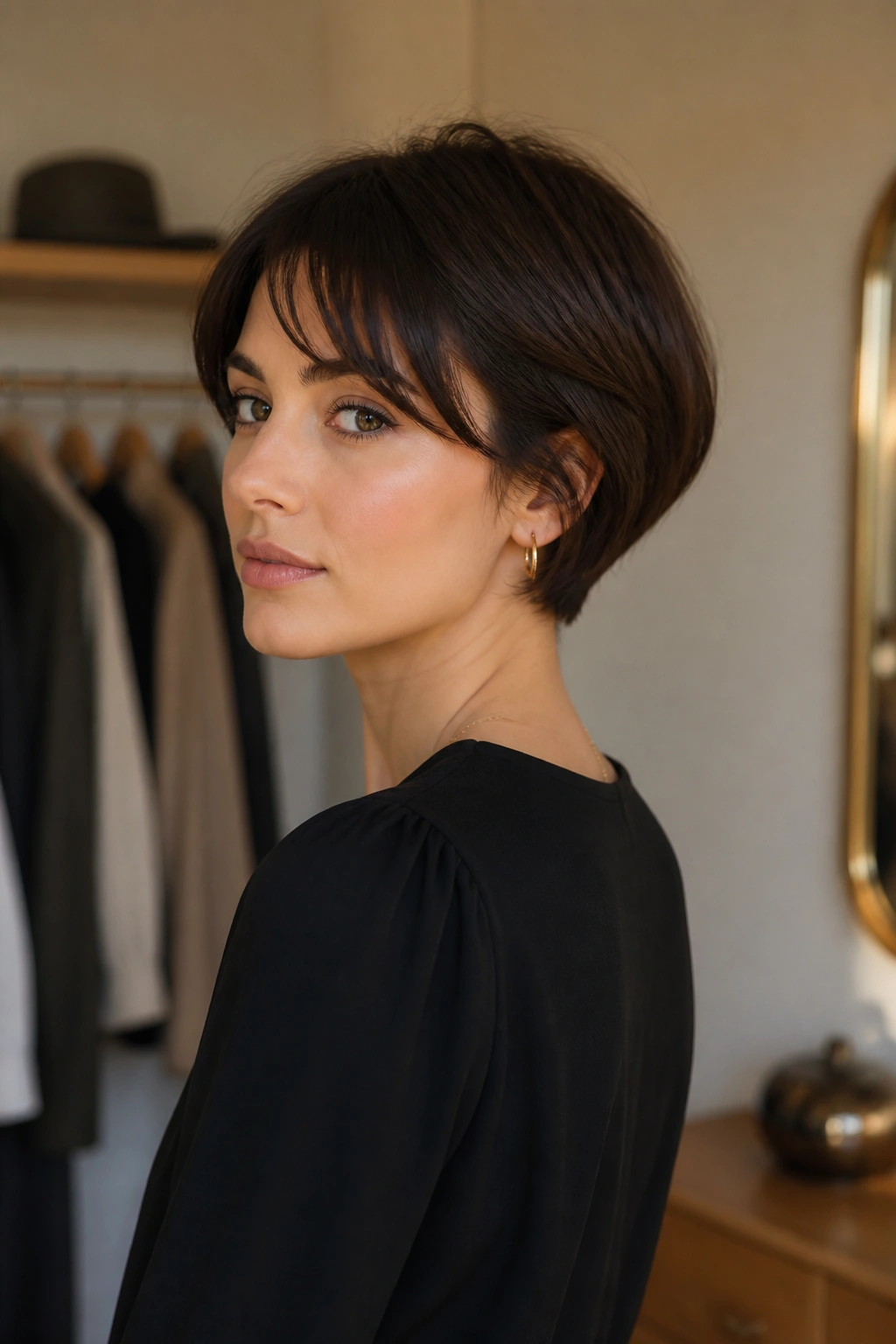 Three-quarter portrait of a real woman with tucked-nape French bob