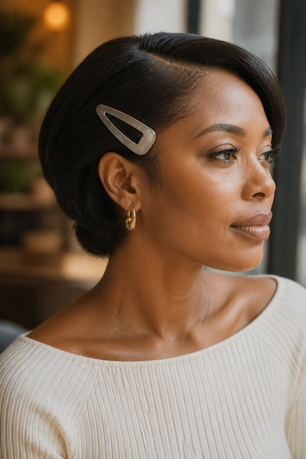 Close-up of a real woman with tucked nape hair and a statement clip