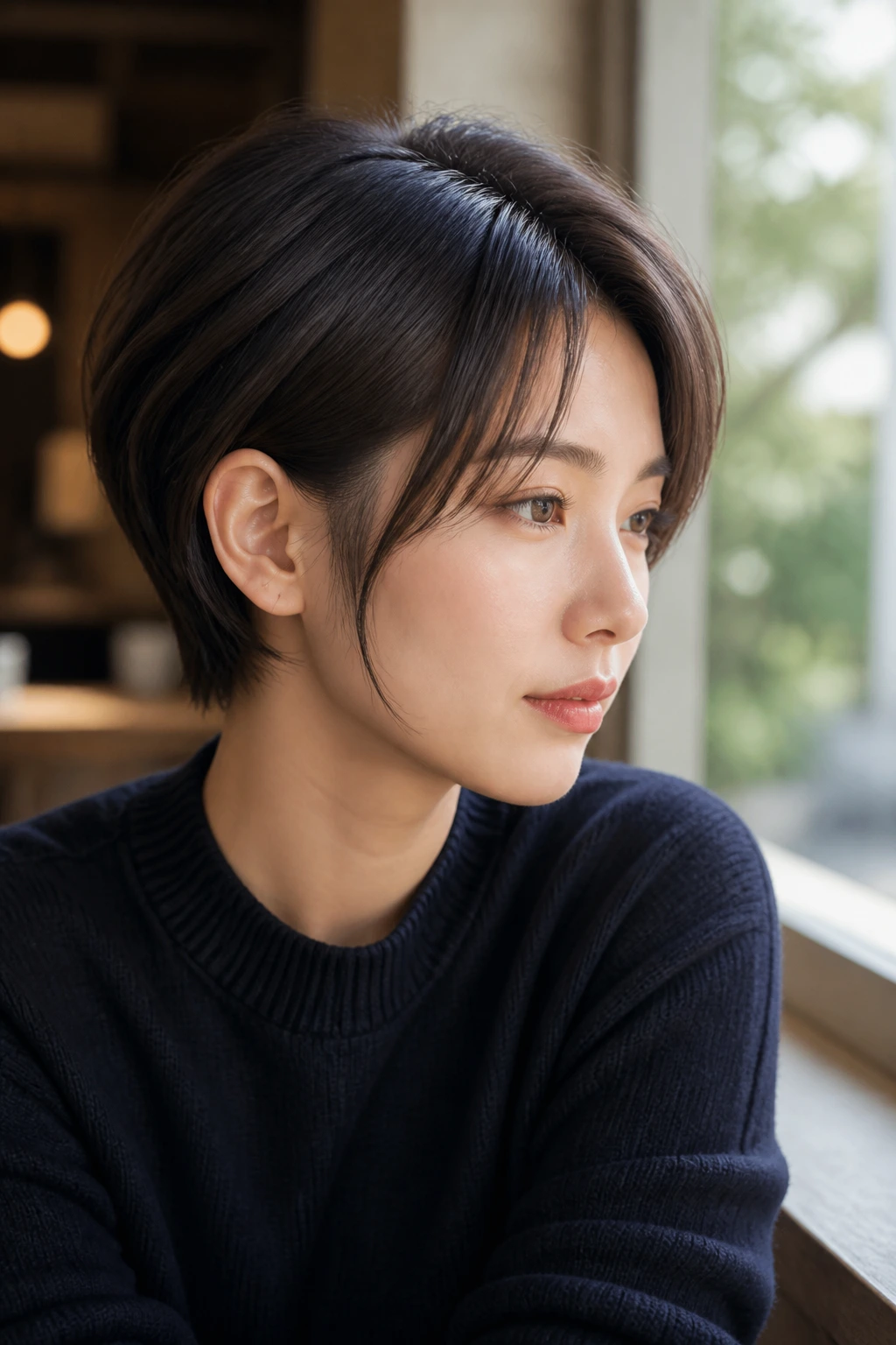 Close-up portrait of a woman with tucked pixie bob and long sideburns