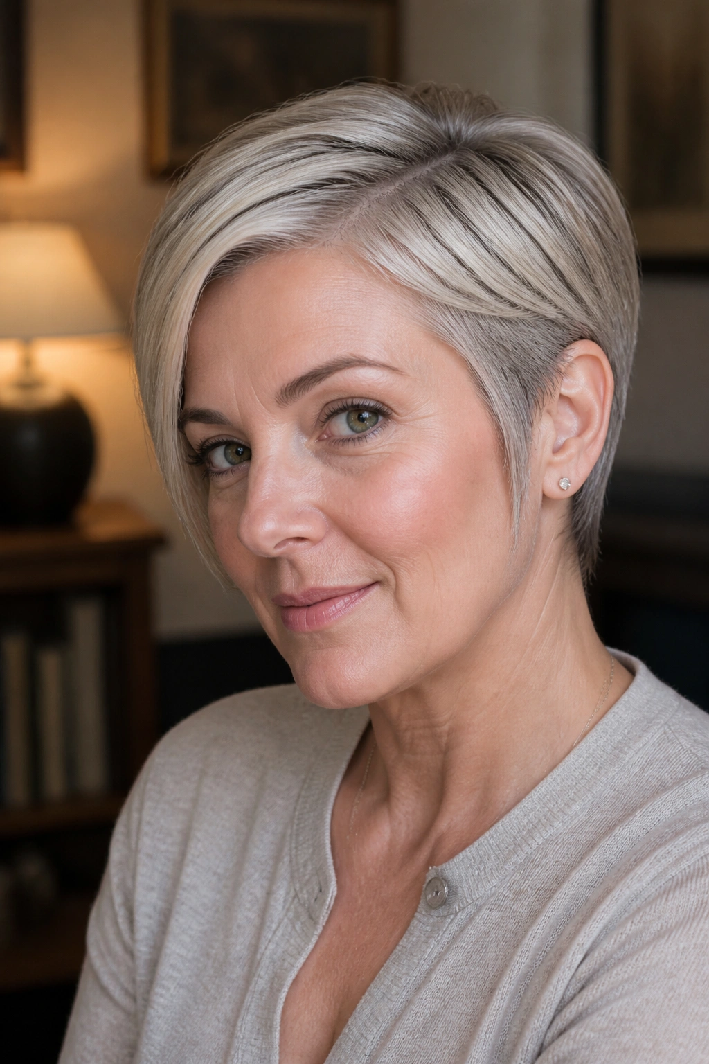Close-up of a real woman with tucked pixie and elongated sideburns tucked behind the ear