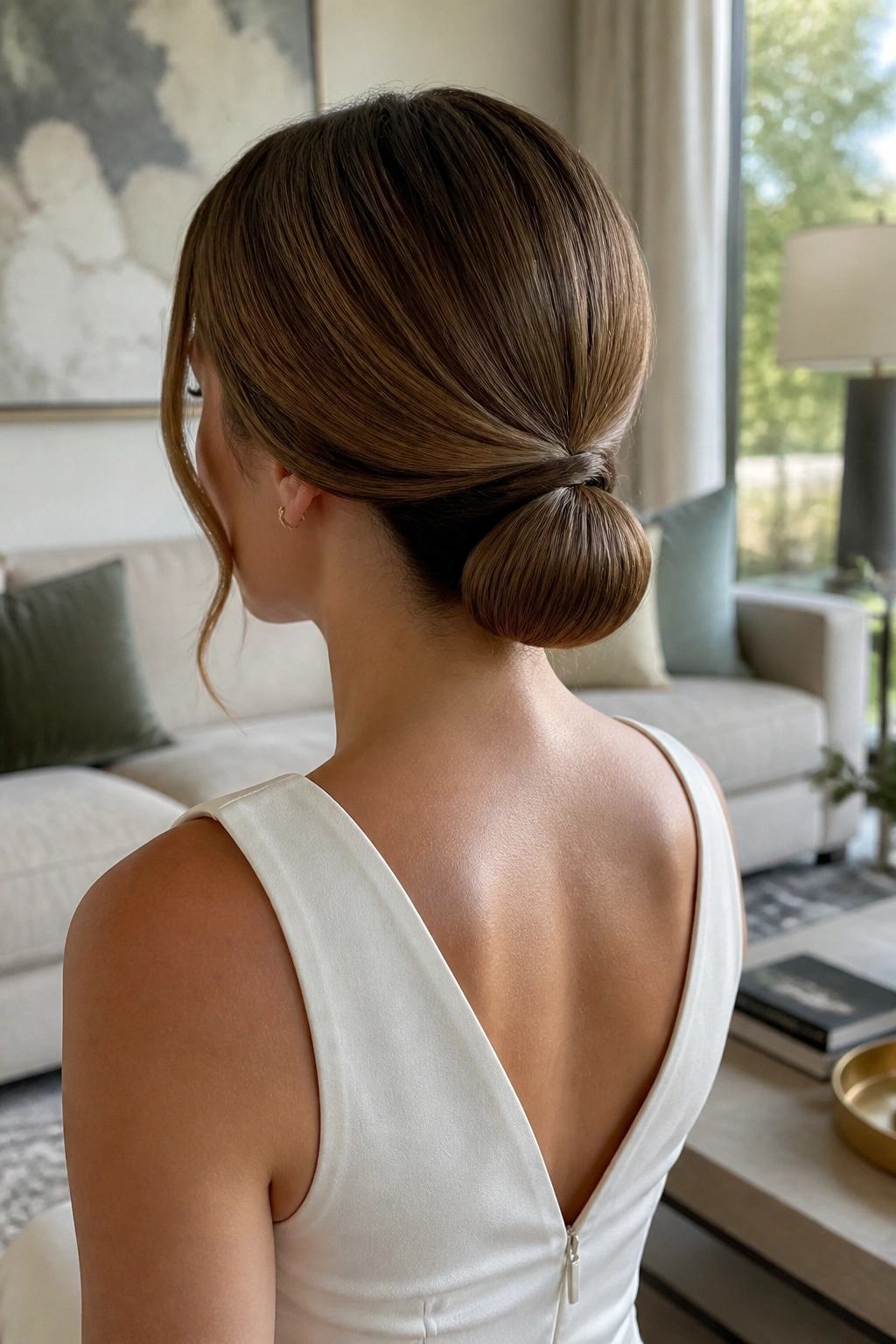 Back view of a woman with a tucked-under ponytail at the nape