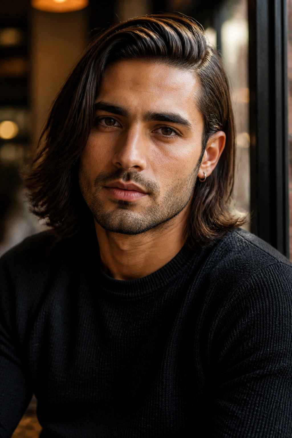 Shoulder-length hair tucked behind ear with side part on real man
