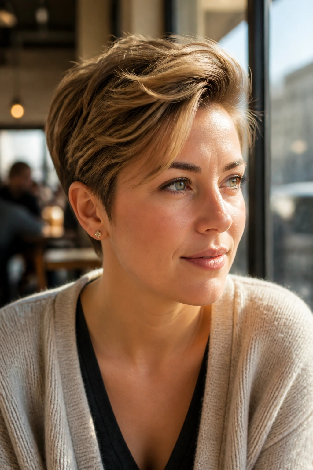 Close-up portrait of a real woman with tucked sides and flipped top