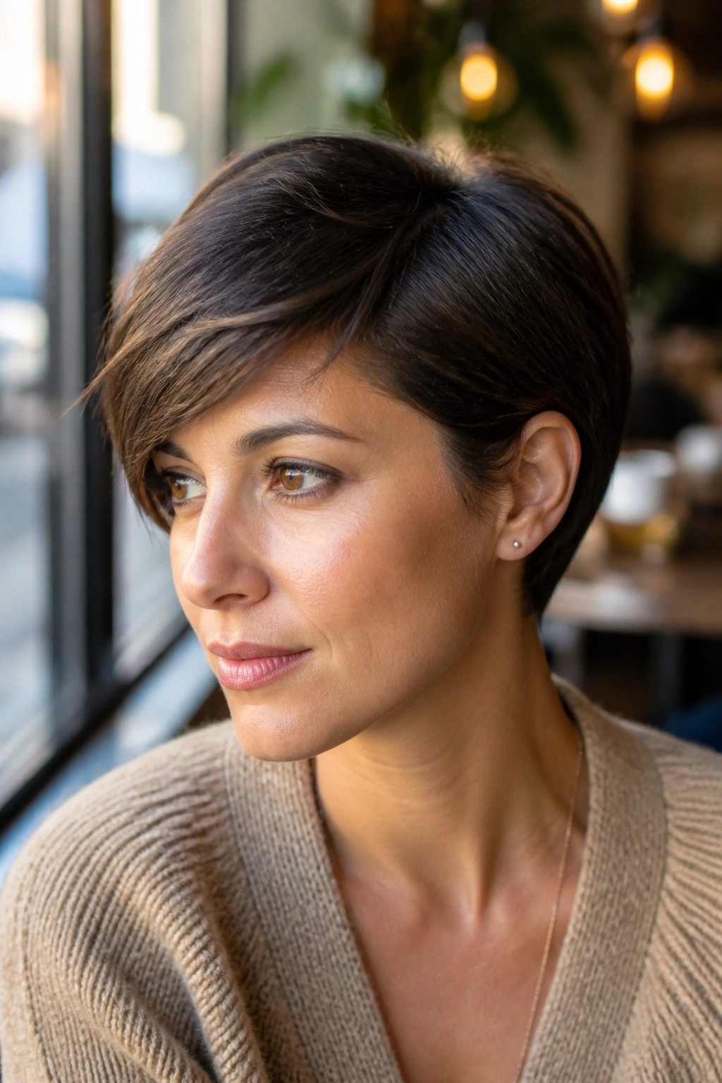 Close-up of a real woman with tucked sides and a low sweep on a long pixie