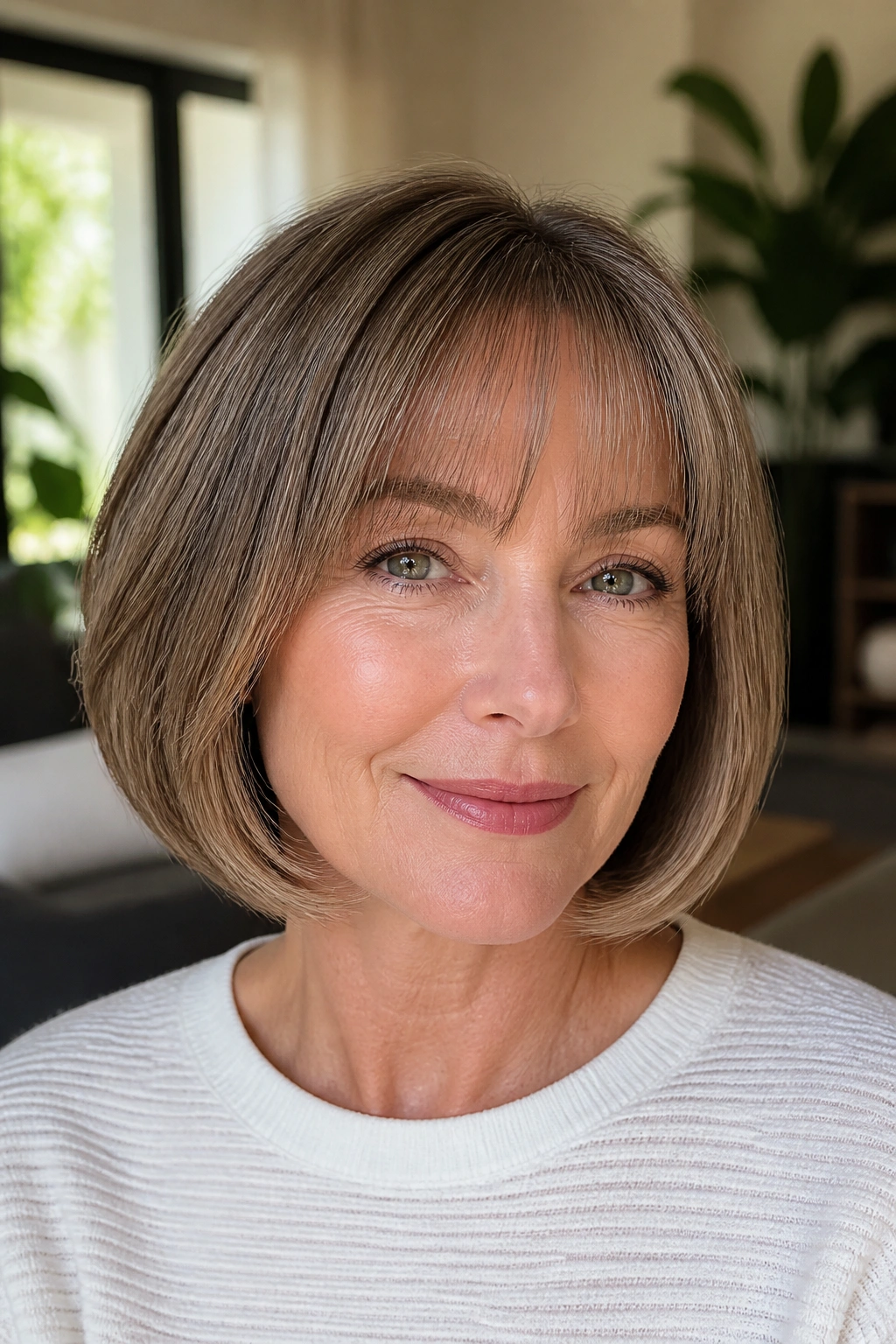 Close-up of a woman with tucked-under bob and featherlight bangs in bright living room light