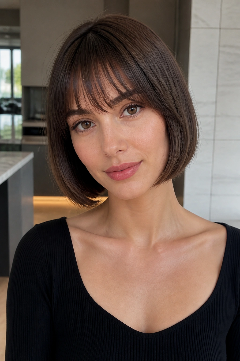 Close-up portrait of a real woman with a tucked-under bob and slim fringe in a bright modern interior