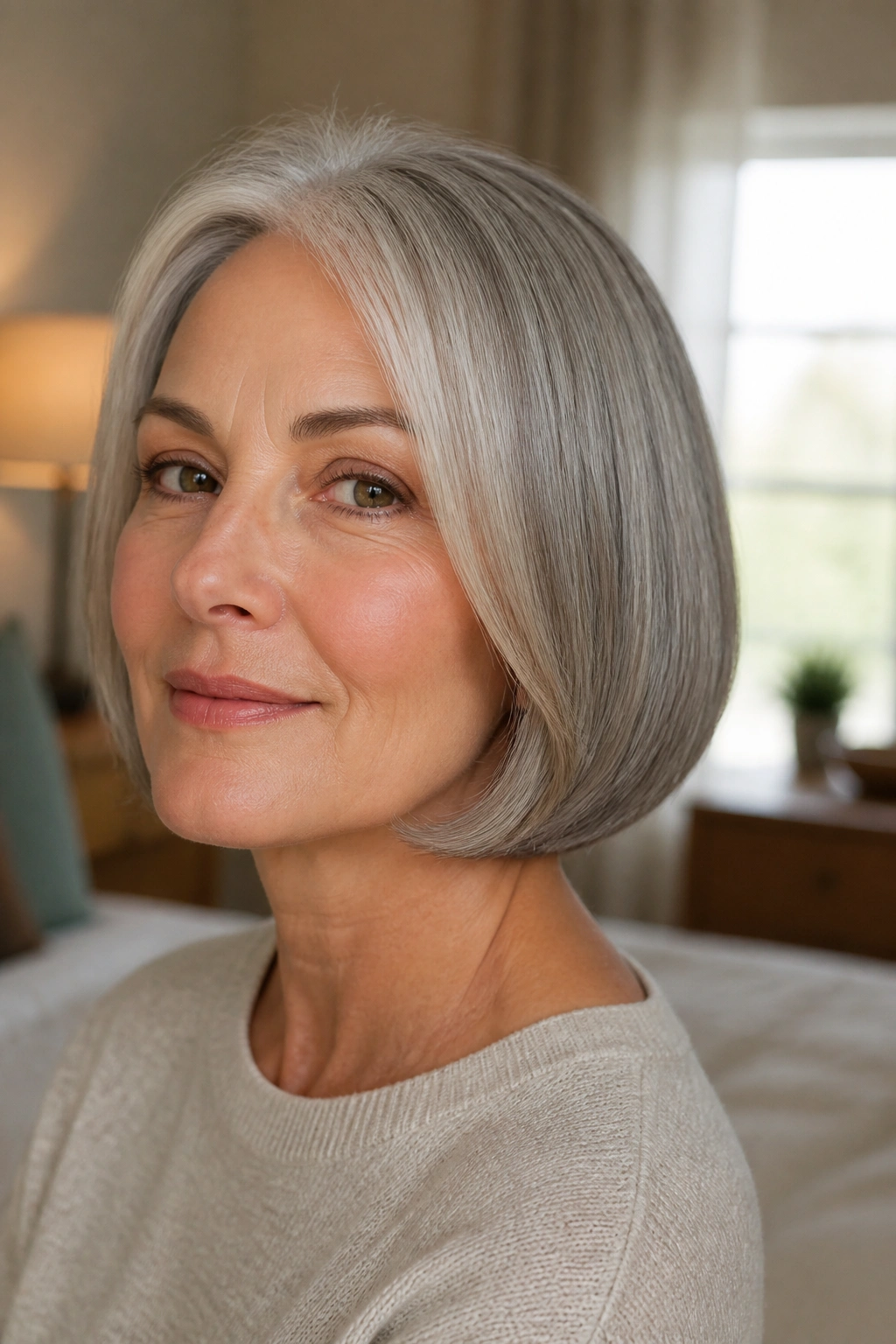 Close-up of a real woman with a tucked-under bob and clean neckline