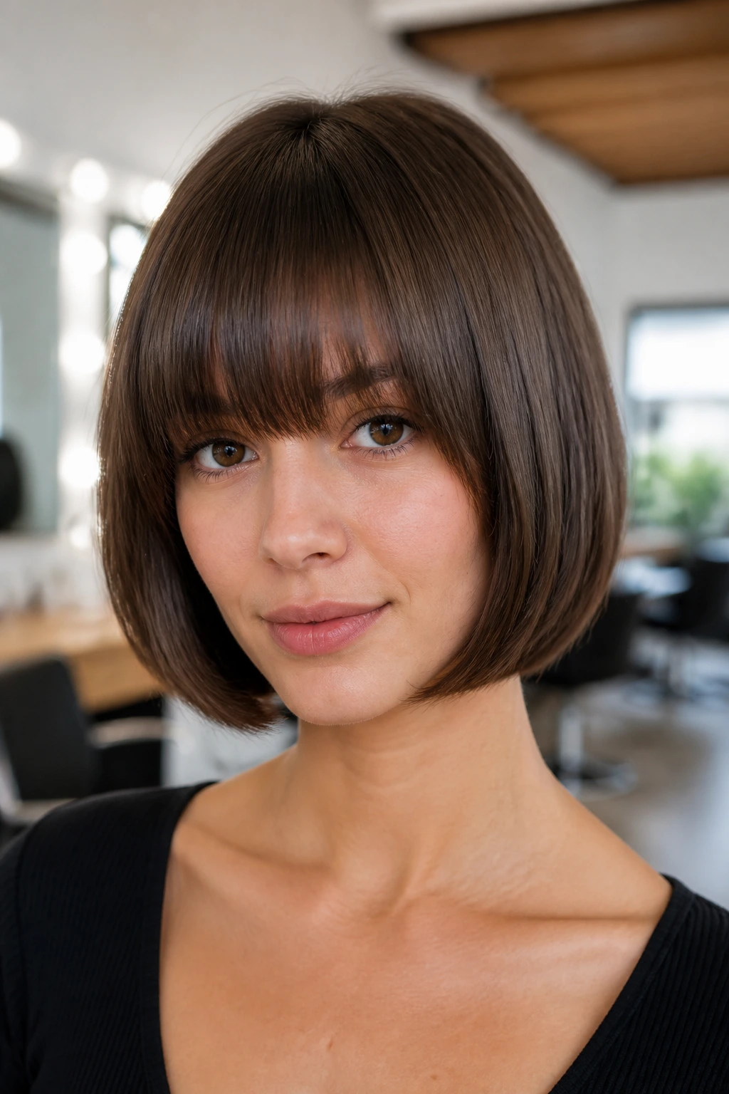 Close-up portrait of a real woman with tucked-under bob and heavy bangs