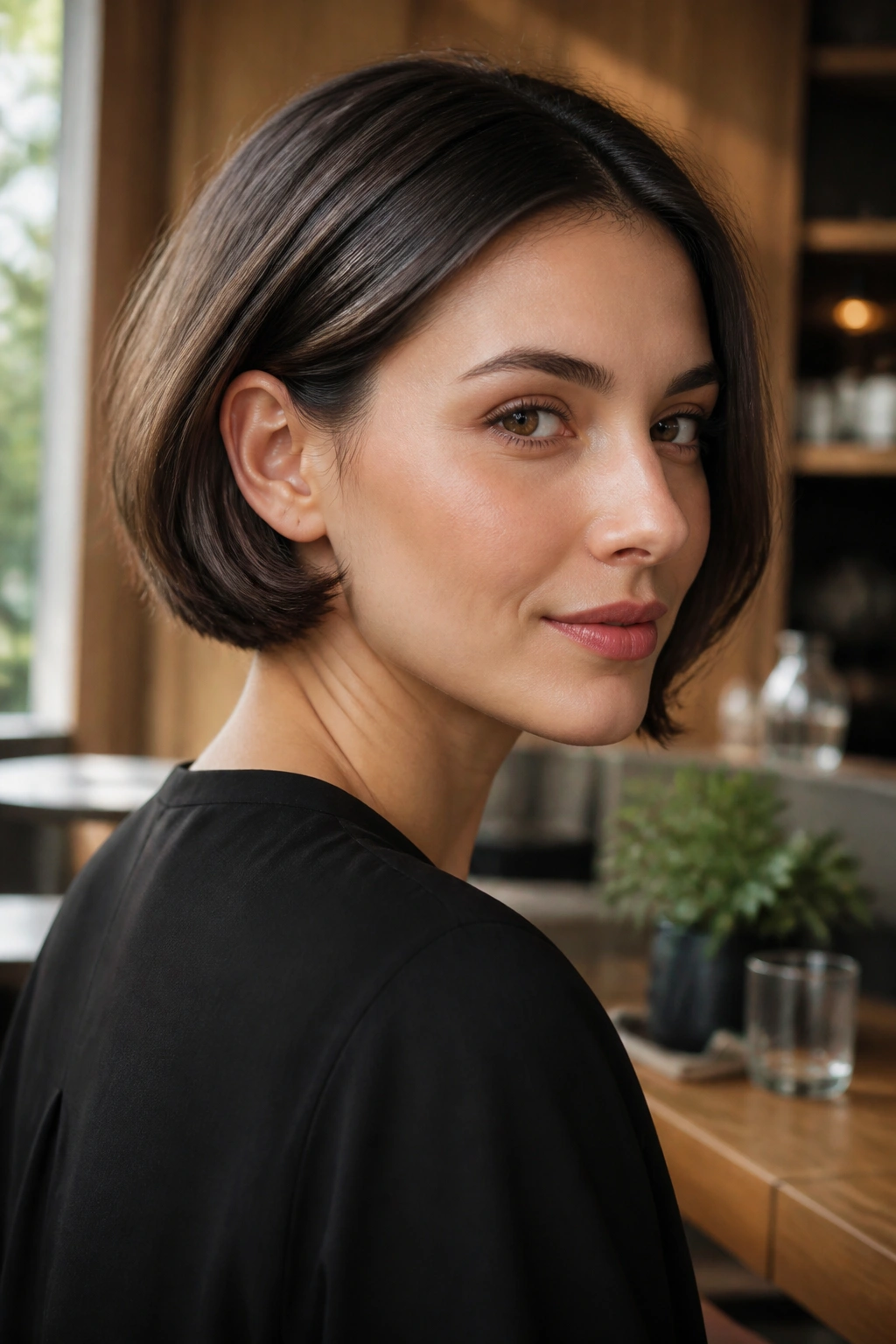 Close-up of a real woman with tucked-under bob skimming the jaw in cafe light