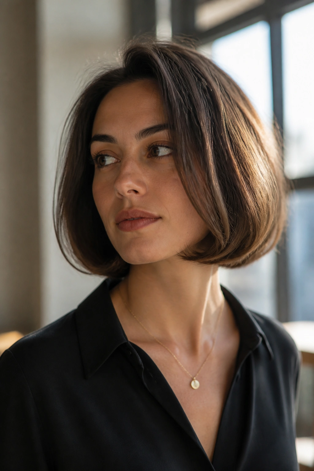 Close-up of a real woman with a tucked-under bob in warm office light