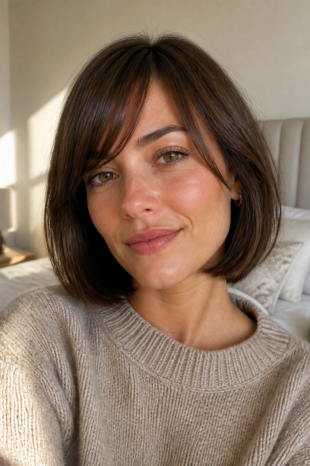 Close-up of a real woman with tucked-under bob and side bangs in a cozy bedroom.