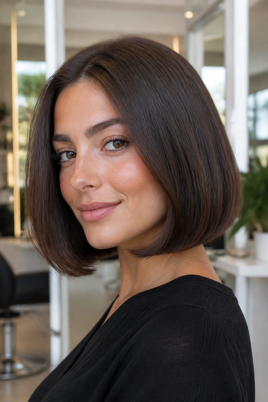Close-up of a real woman with a tucked-under bob showing inward-curving ends.