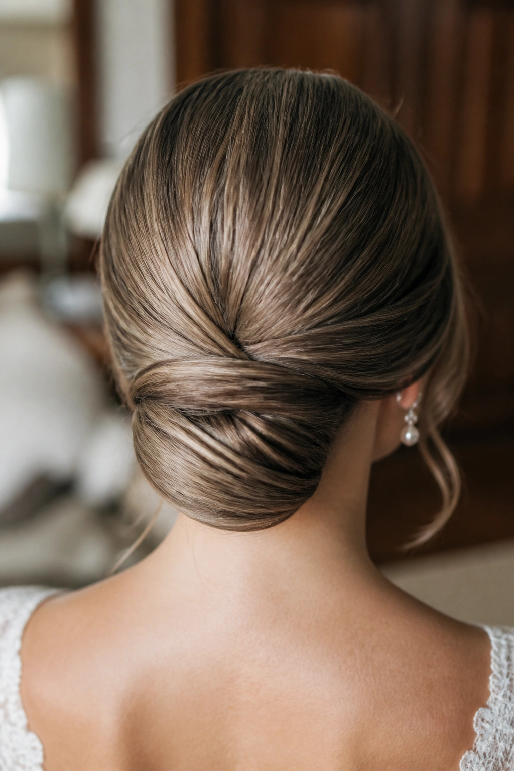 Back view of a tucked-under chignon at the nape.