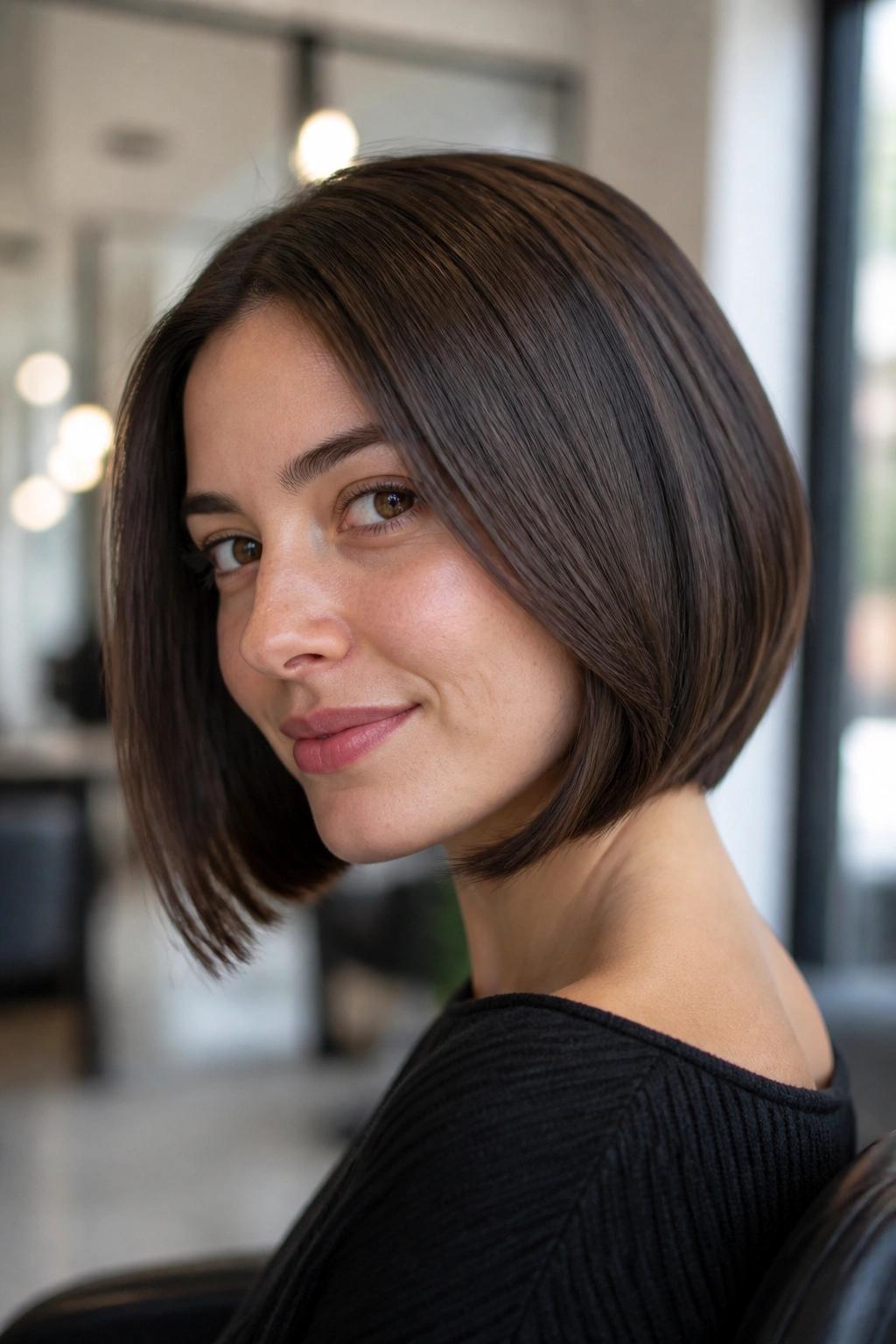 Real woman with tucked-under beveled French bob in a modern salon