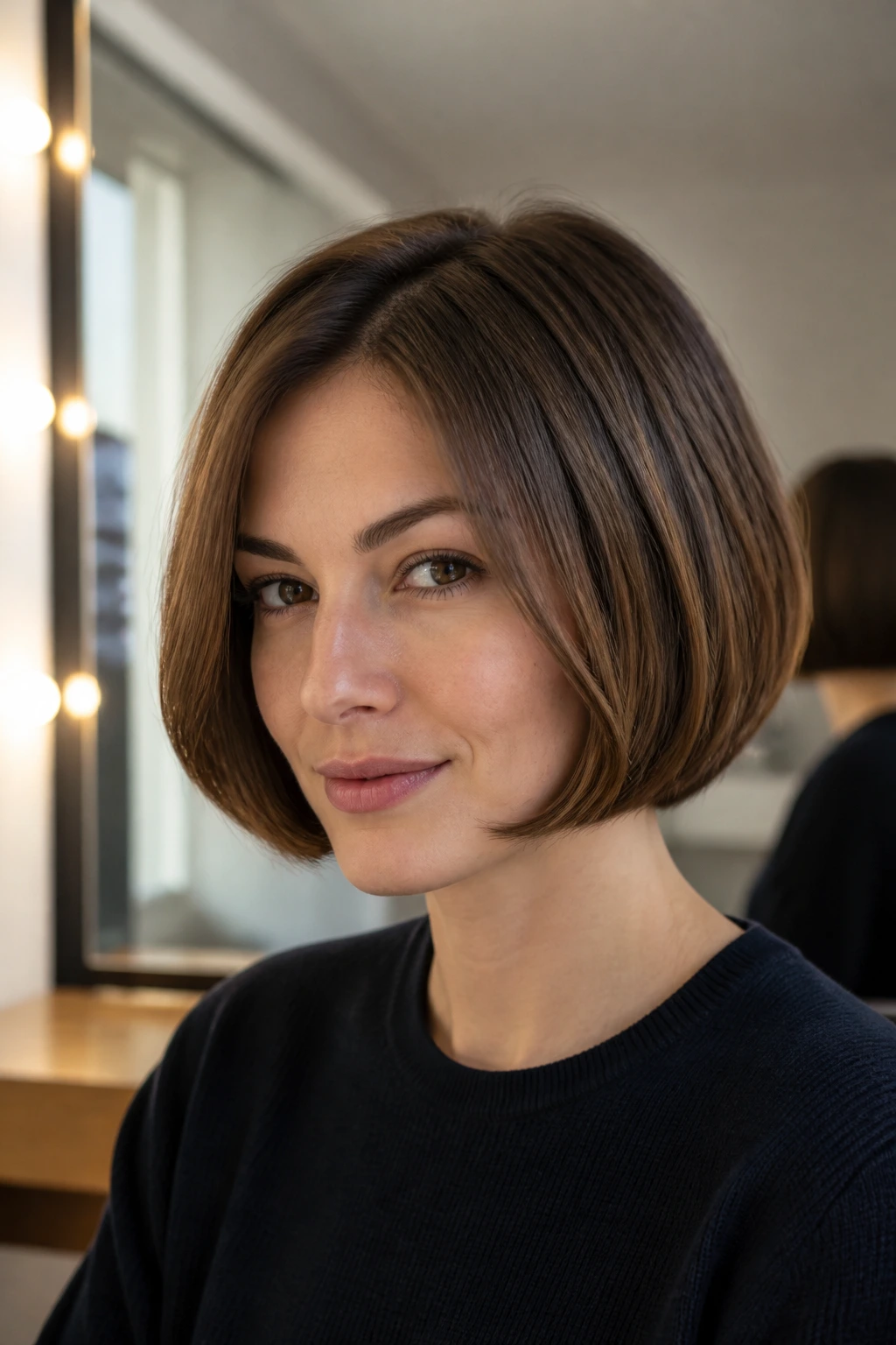Close-up of a real woman with a tucked-under polished French bob