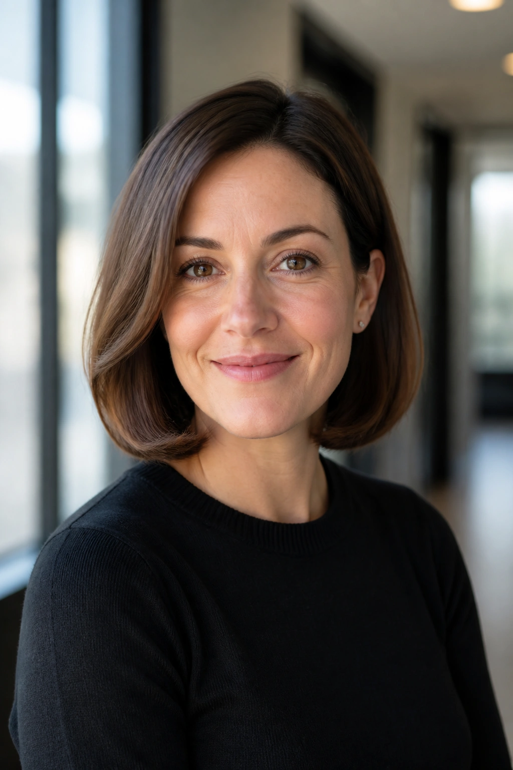 Real woman with tucked-under lob and soft ends.