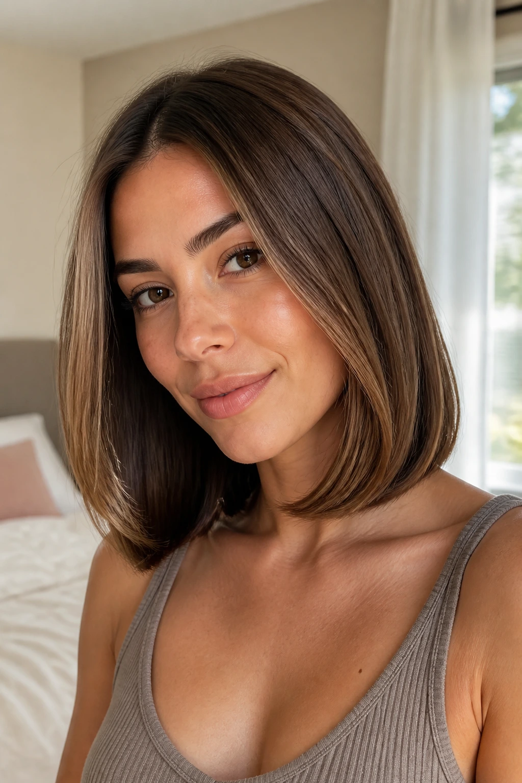 Close-up portrait of a real woman with a tucked-under lob hairstyle at collarbone length