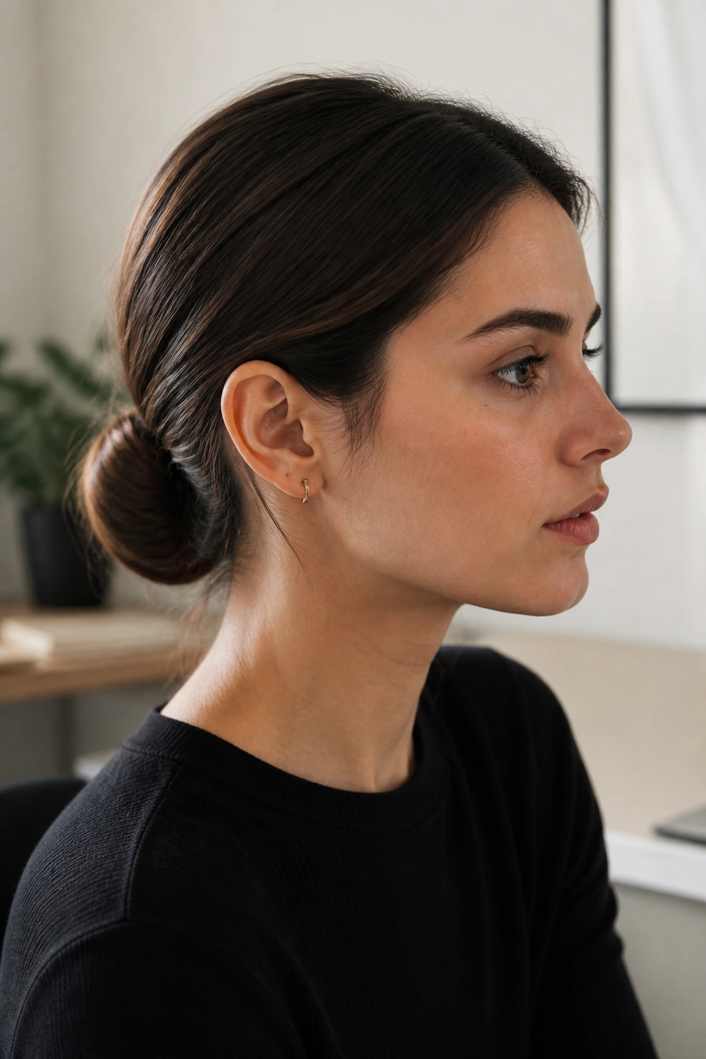 Close-up of a real woman with a tucked-under ponytail roll