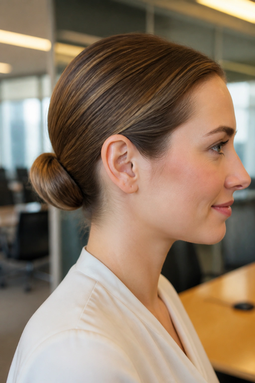 Side portrait of a woman with a tucked-under low ponytail
