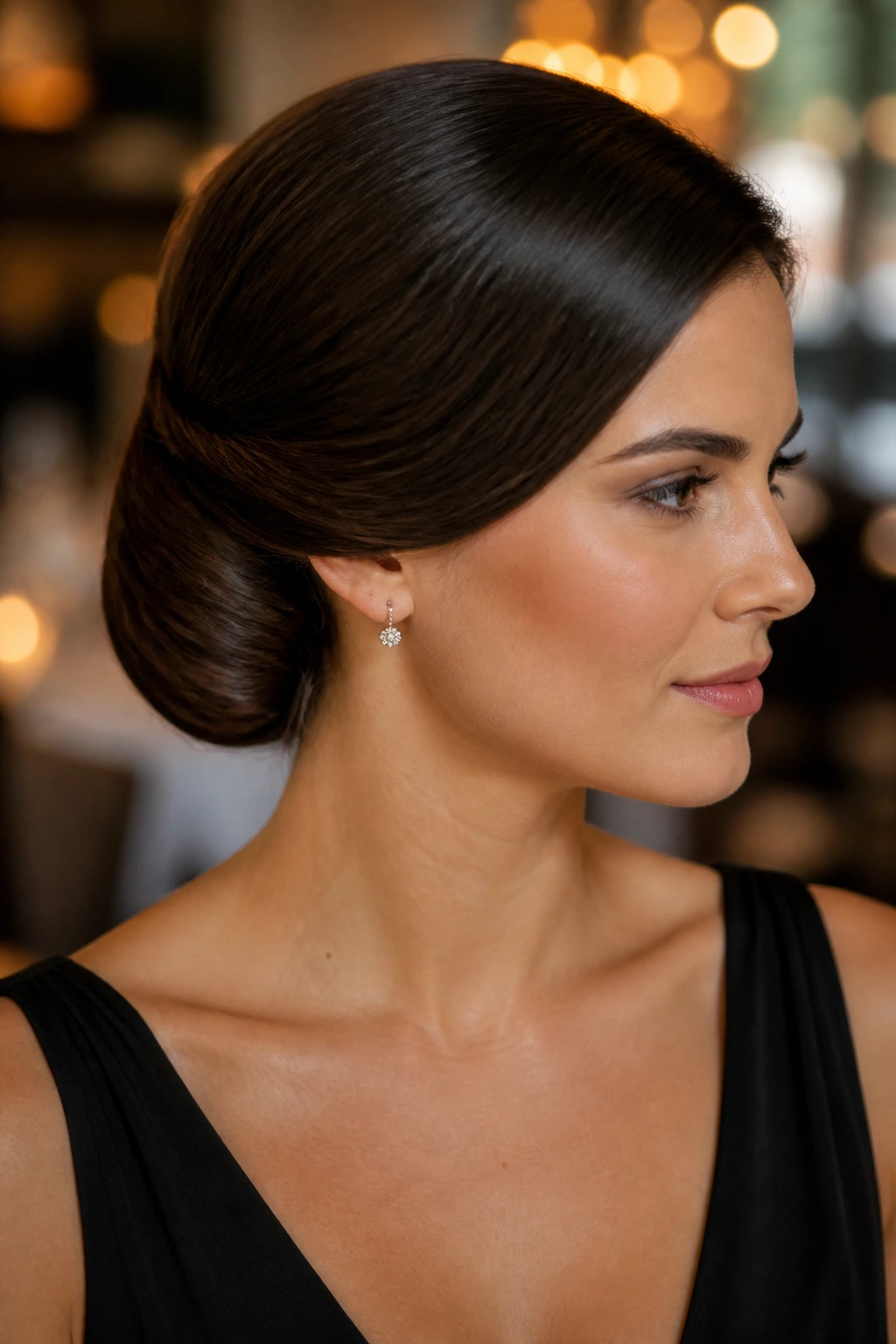 Close-up portrait of a real woman with a tucked-under roll hairstyle