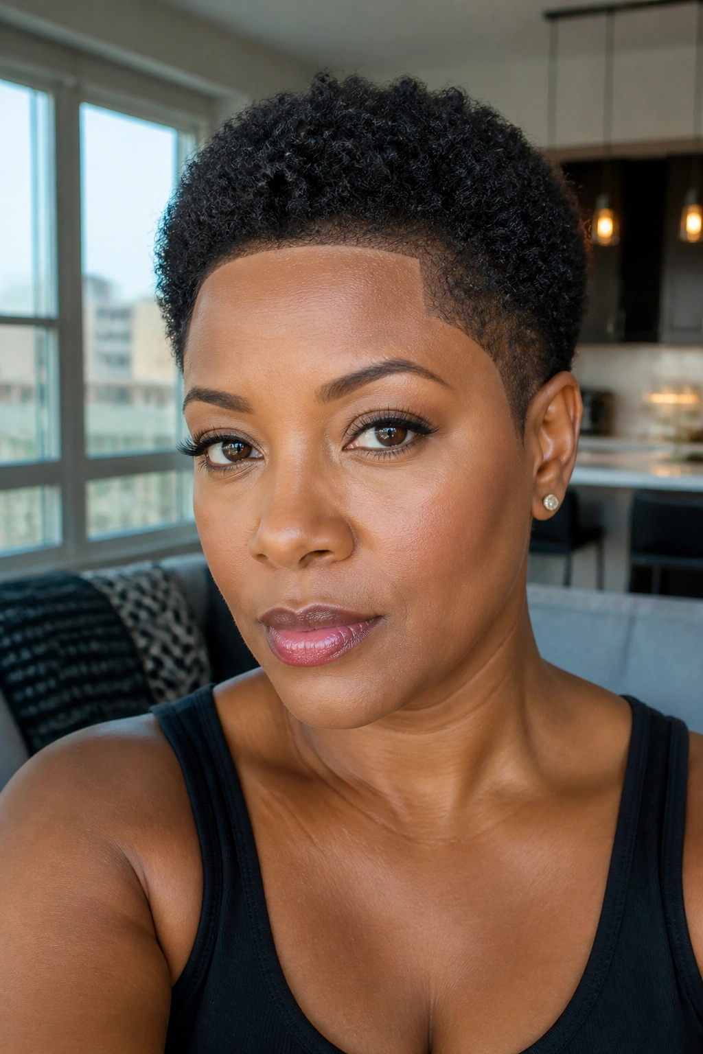 Real woman with TWA and defined shape-up in modern apartment