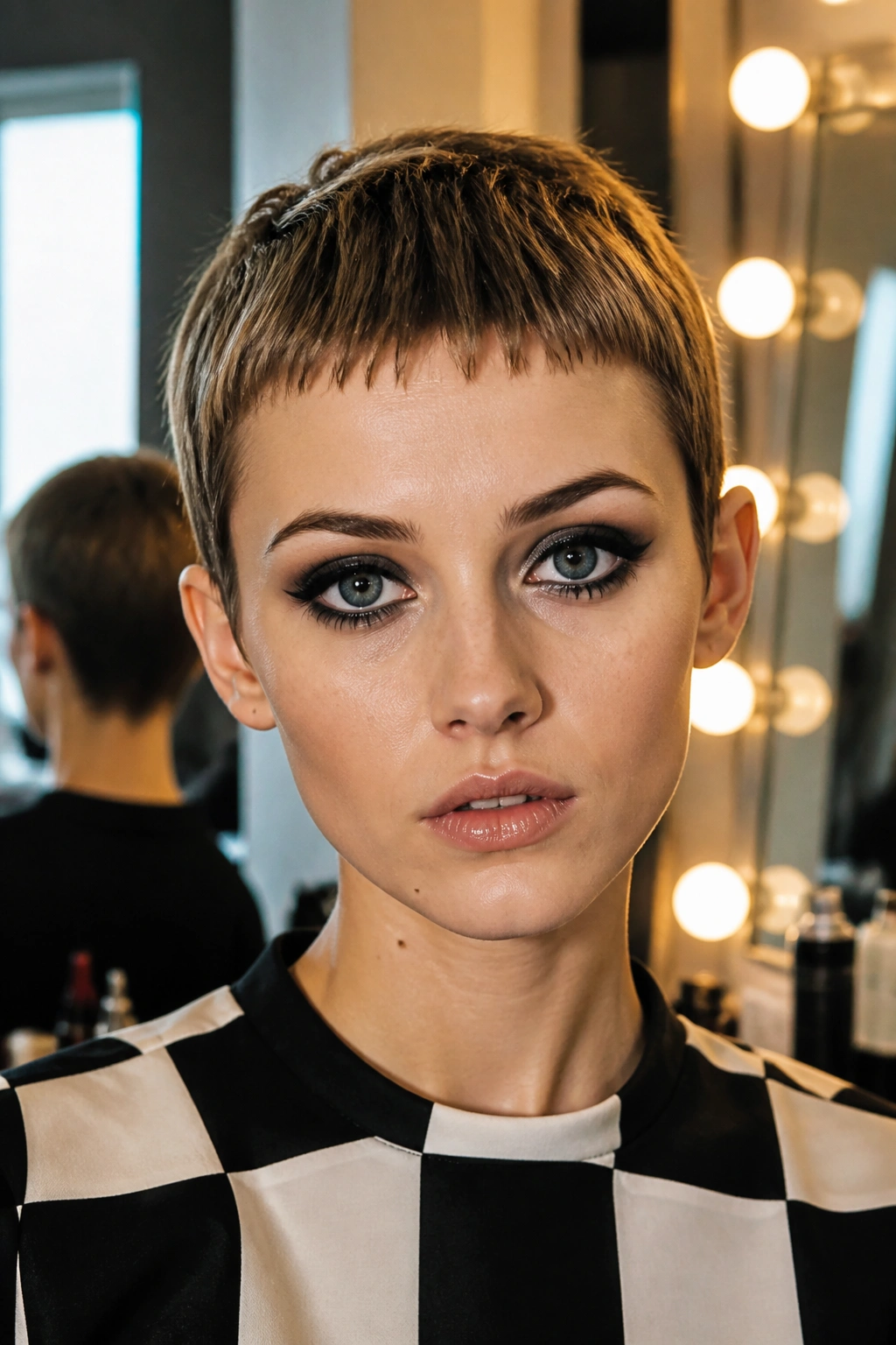 Close-up of Twiggy Micro Pixie With Short Fringe on a real person, ultra-short sides and high fringe.