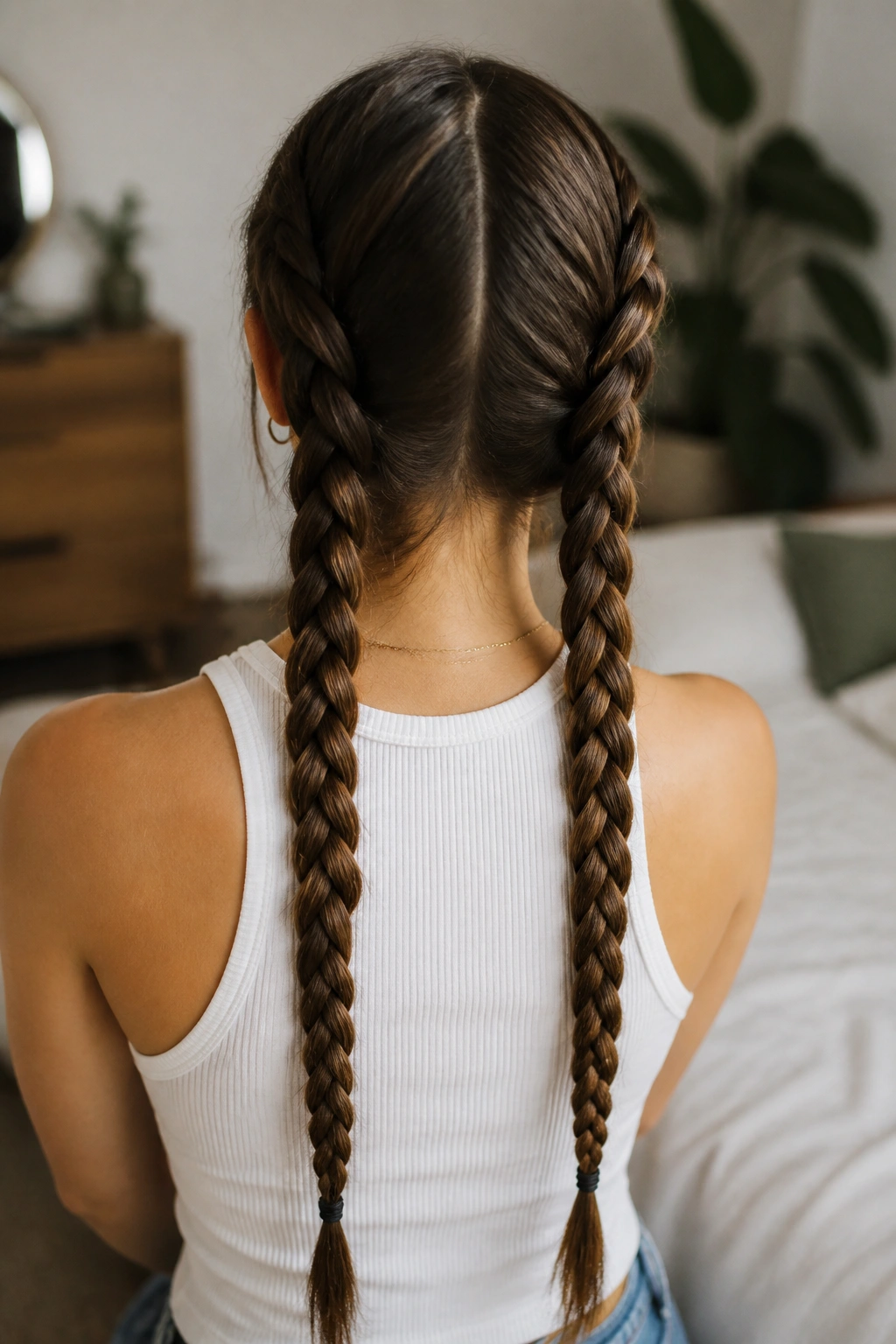 Back view of a woman with twin braids down the back.