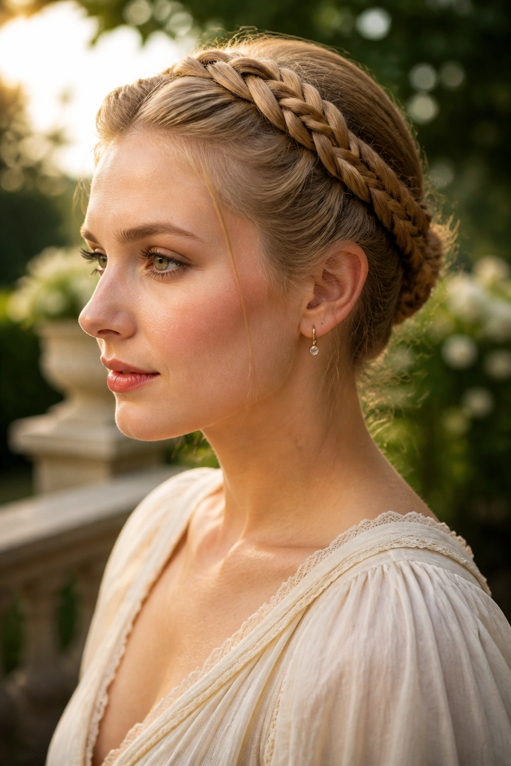 Close-up of a real woman with twin braids joining at the back in golden hour garden light