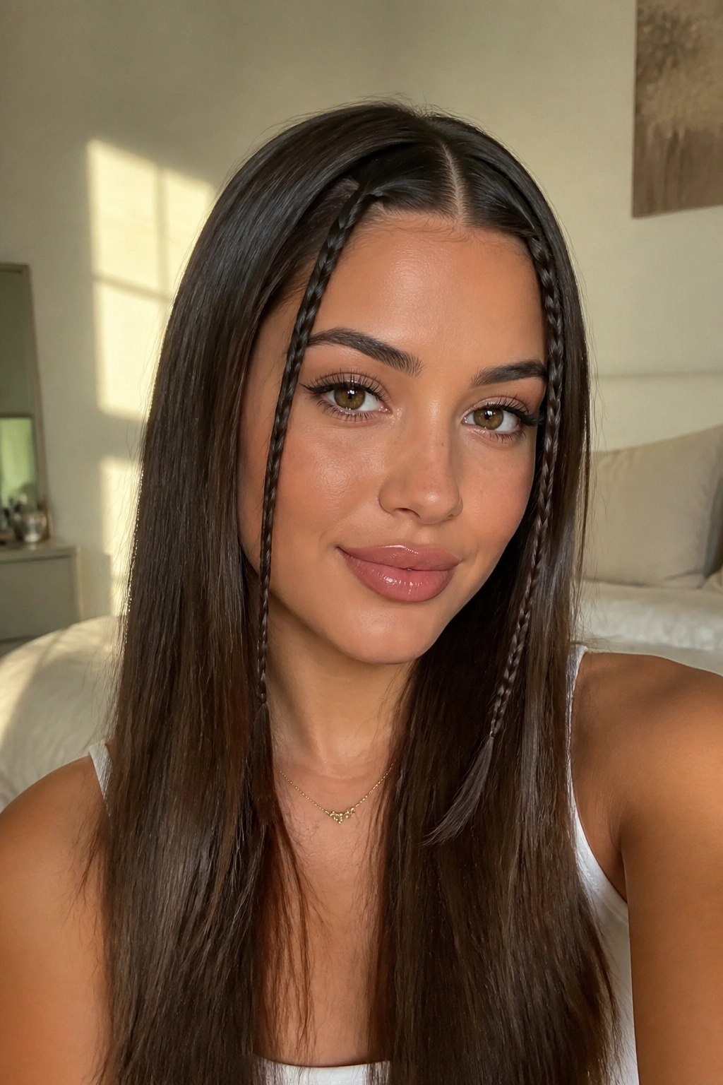 Close-up of a real woman with twin mini braids at the front and smooth straight hair in a sunlit bedroom.