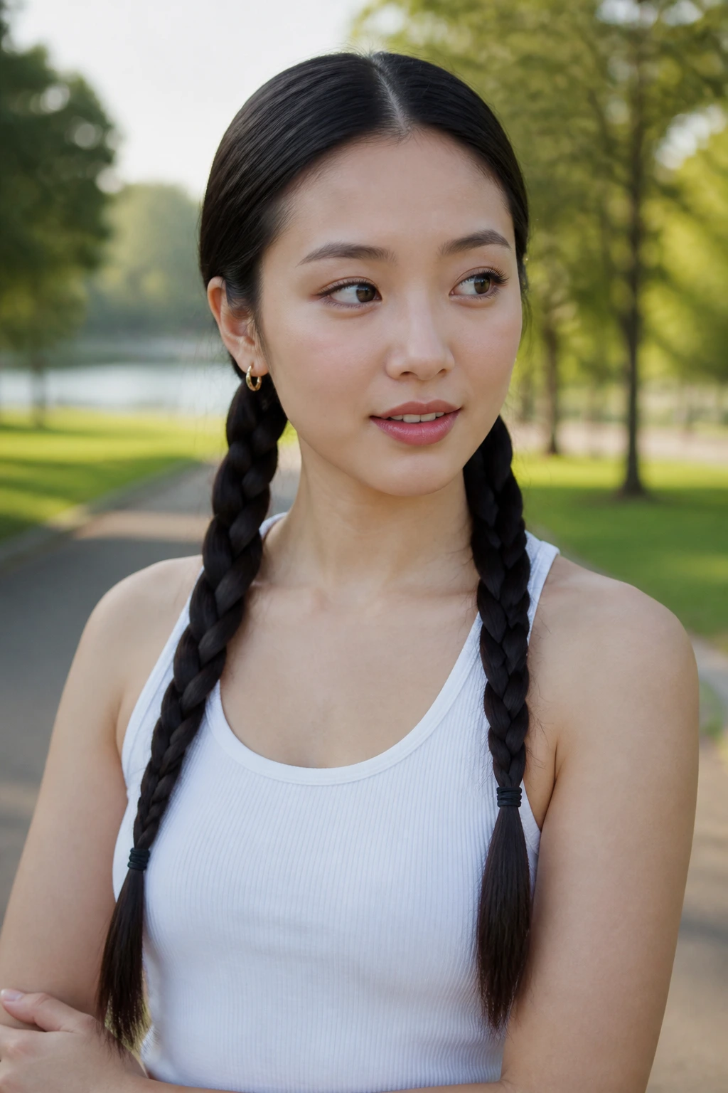 Portrait of a real woman with twin braids hanging down from below the ears