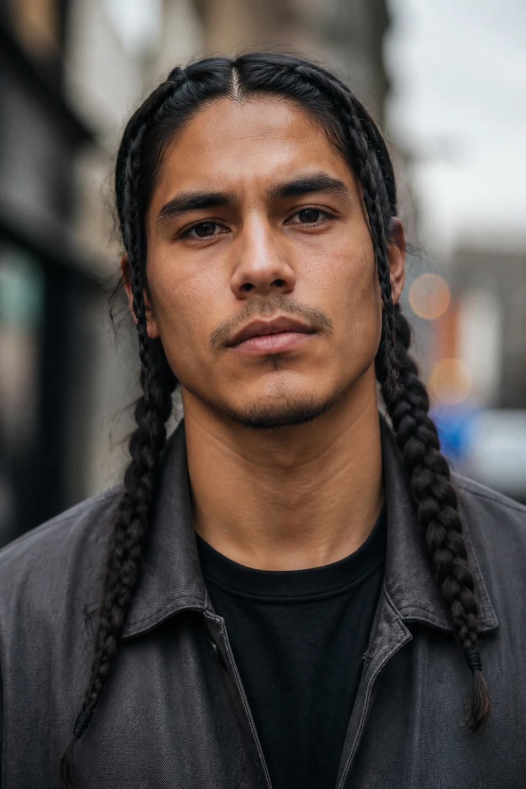 Man with twin braids in an urban street setting