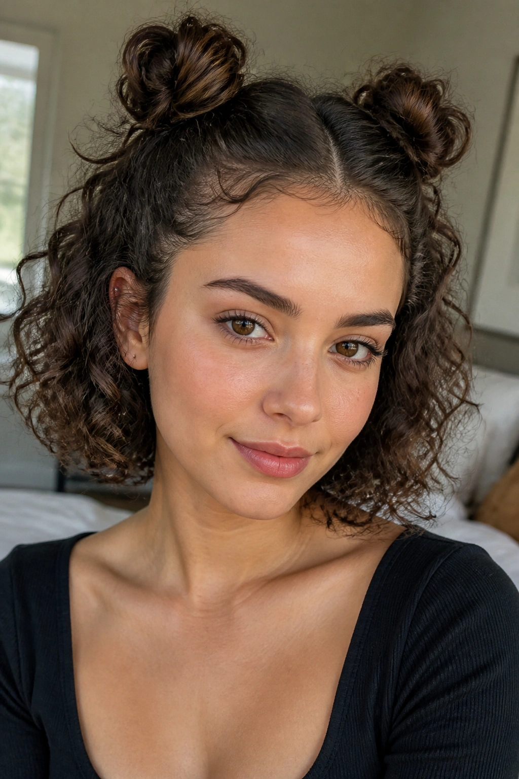 Close-up of twin mini buns hairstyle on a real woman with curly bob and center part