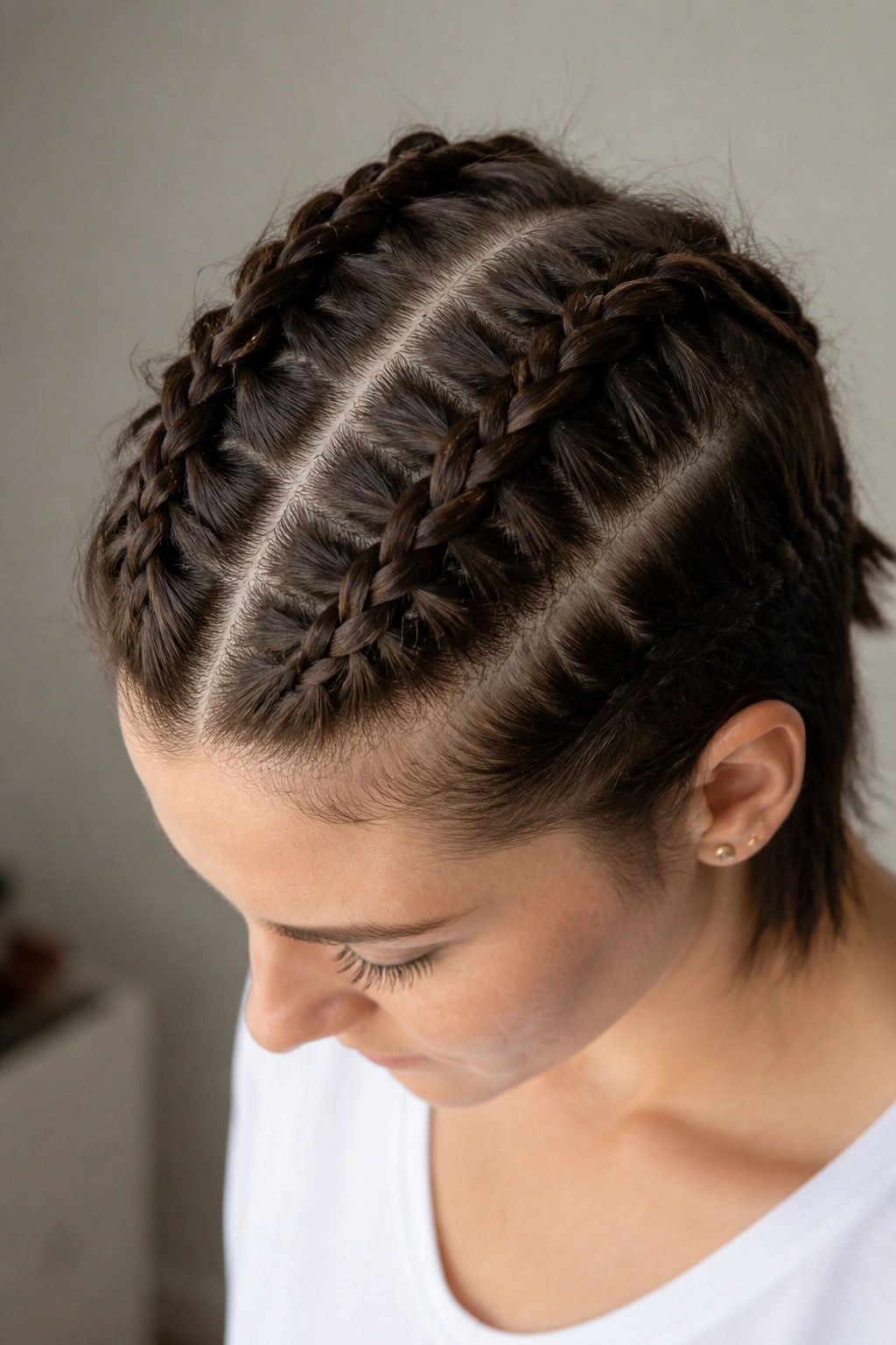 Close-up of twins Dutch braids on short hair, showing raised braids on the scalp