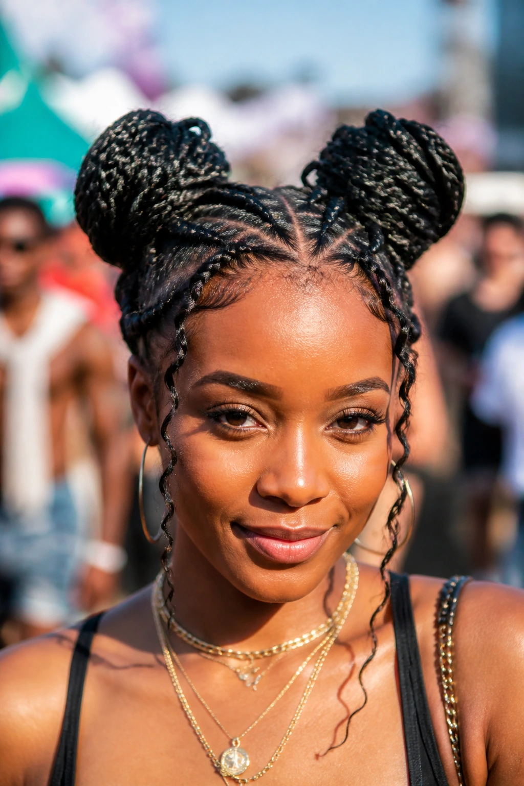 Close-up of a real woman with twin goddess braided space buns outdoors at a festival.