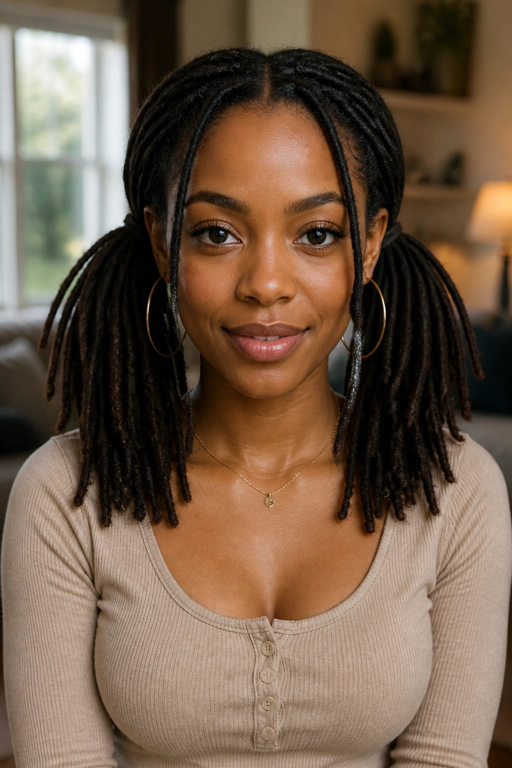 Close-up of a person with twin locs styled into pigtails in a cozy indoor setting