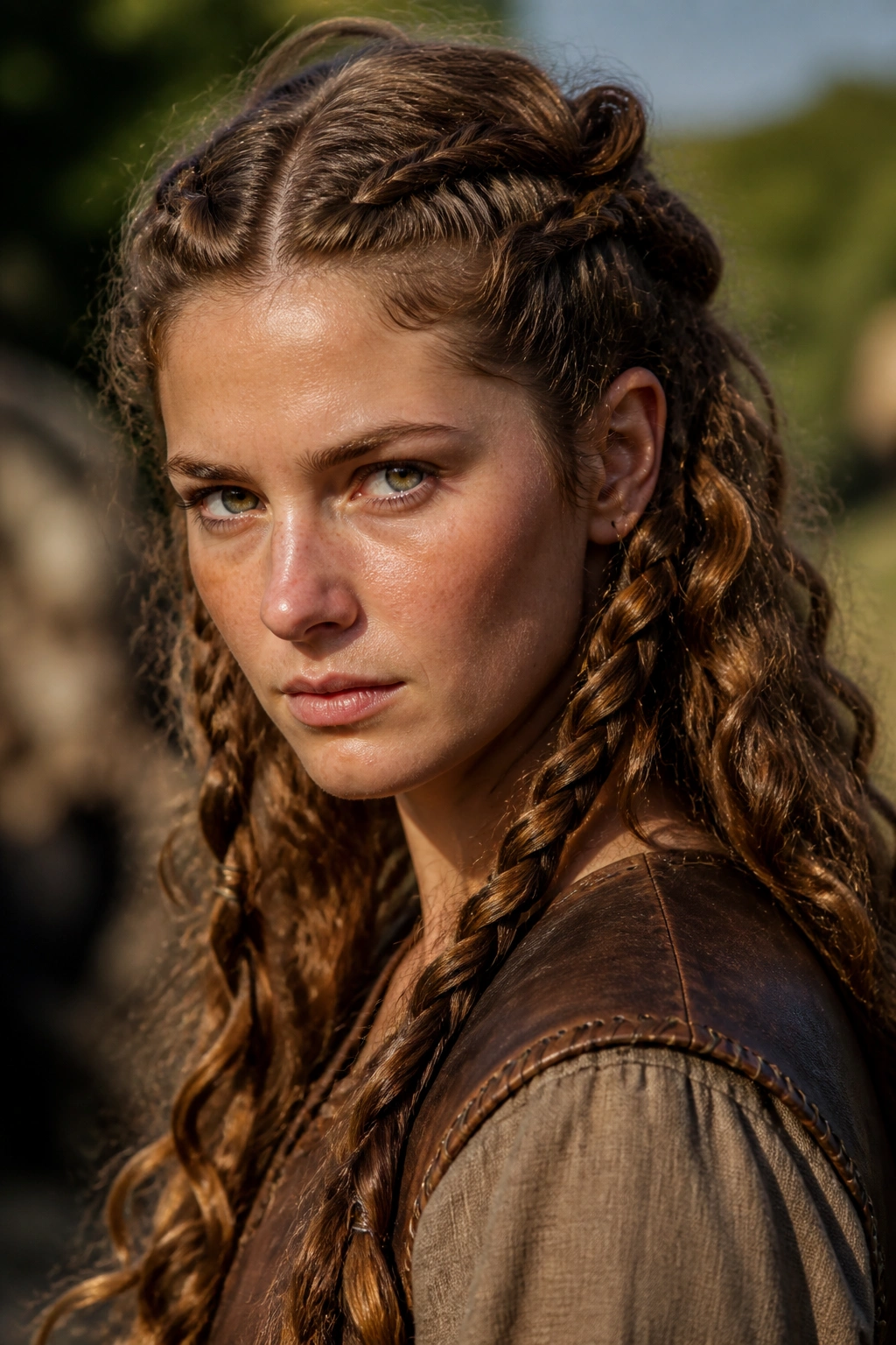 Close-up of a real woman with twin side braids and wild back curls in an outdoor setting
