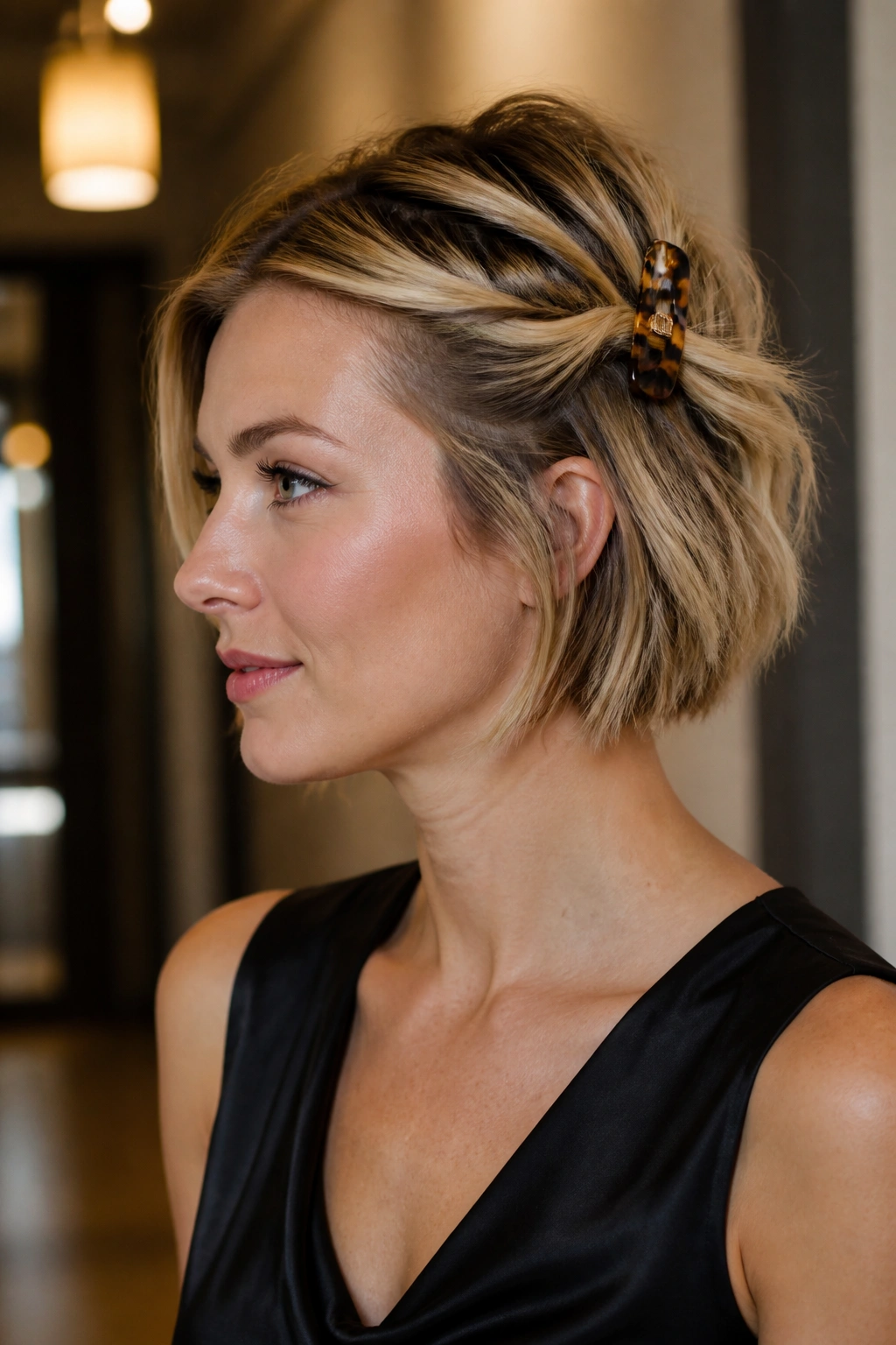 Portrait of a woman showing a twist-and-pin hairstyle with a decorative clip