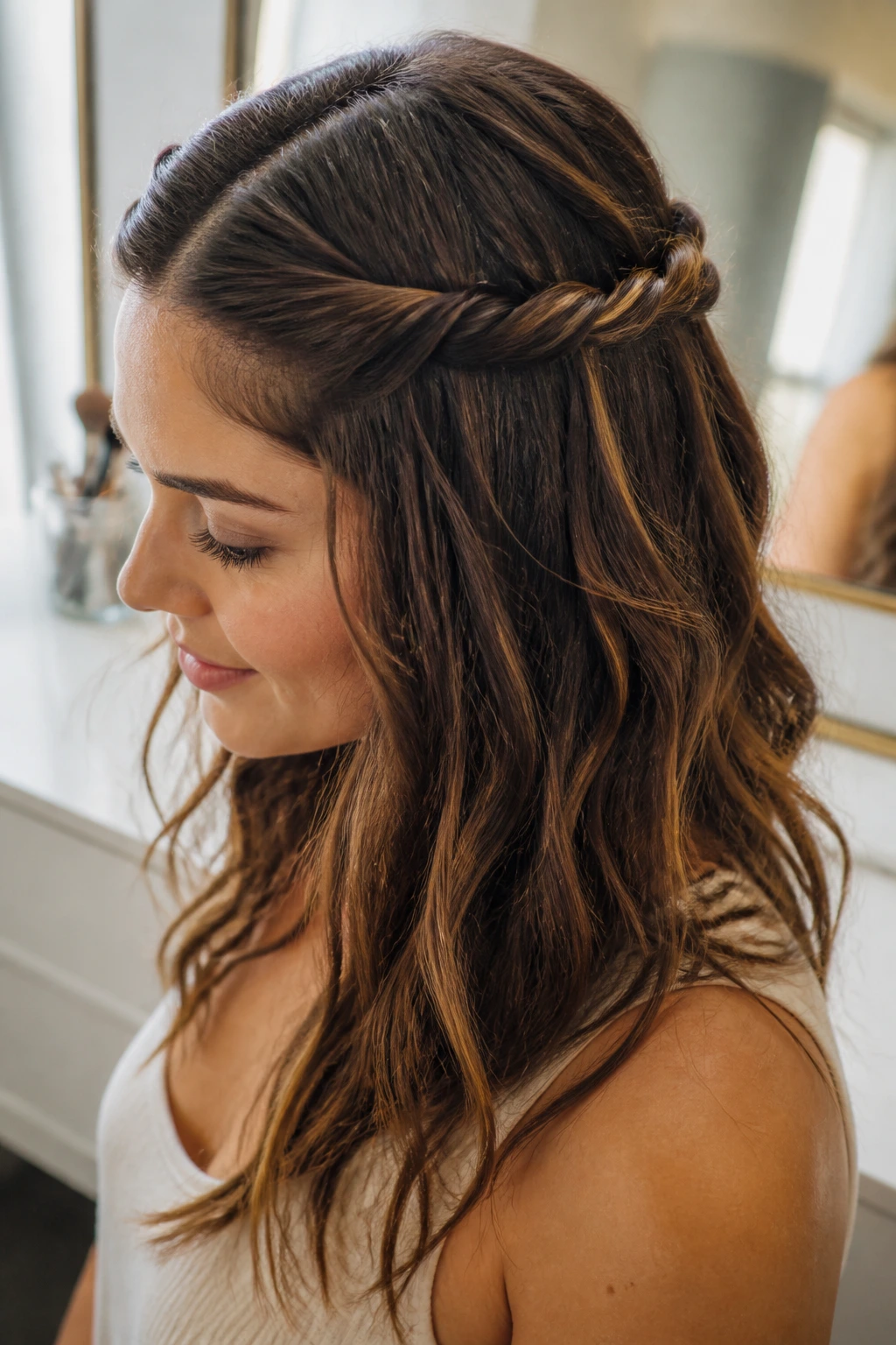Portrait of a person showing the twist and tuck half-up hairstyle