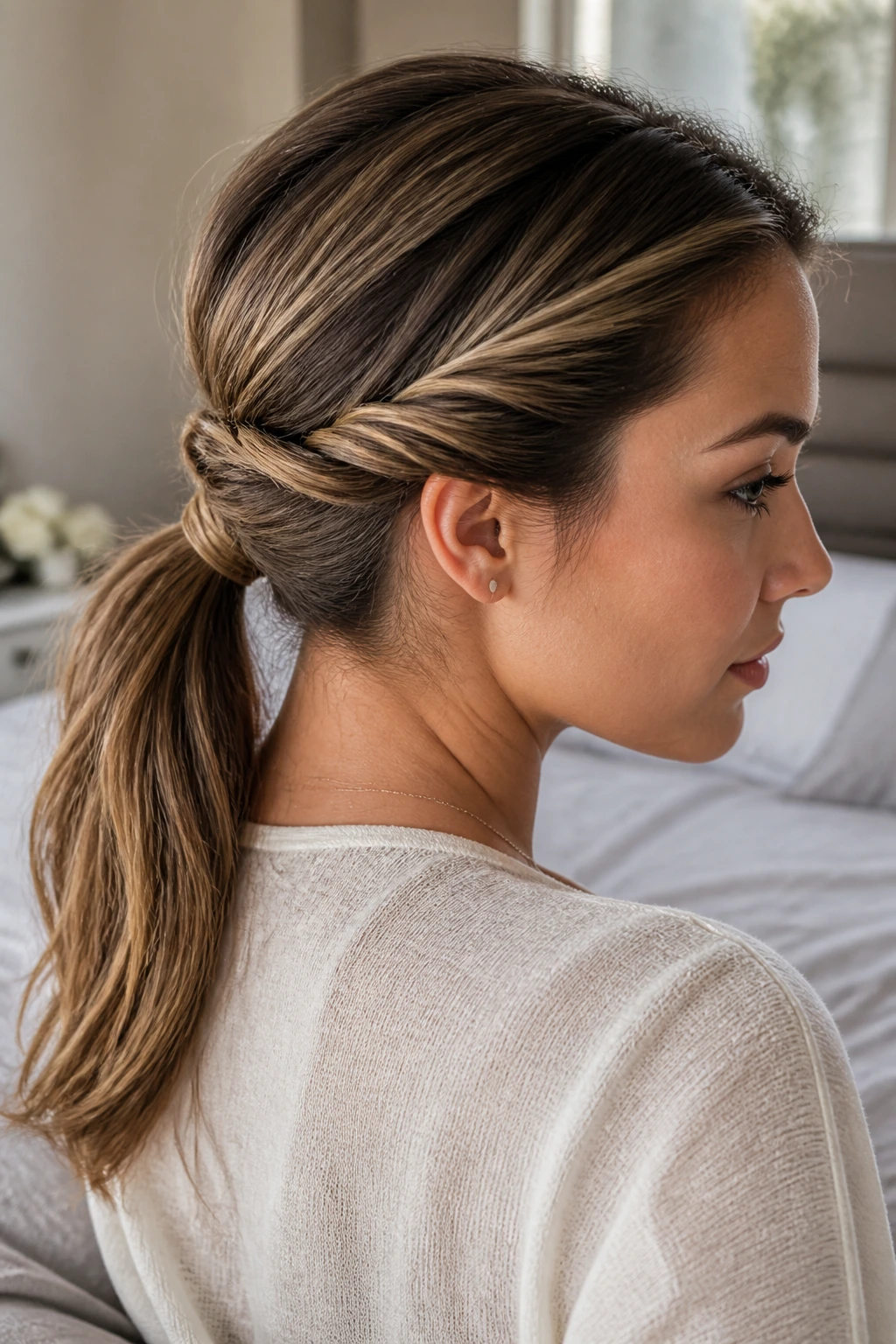Close-up portrait of a woman with twist-back ponytail showing two twists toward the nape.