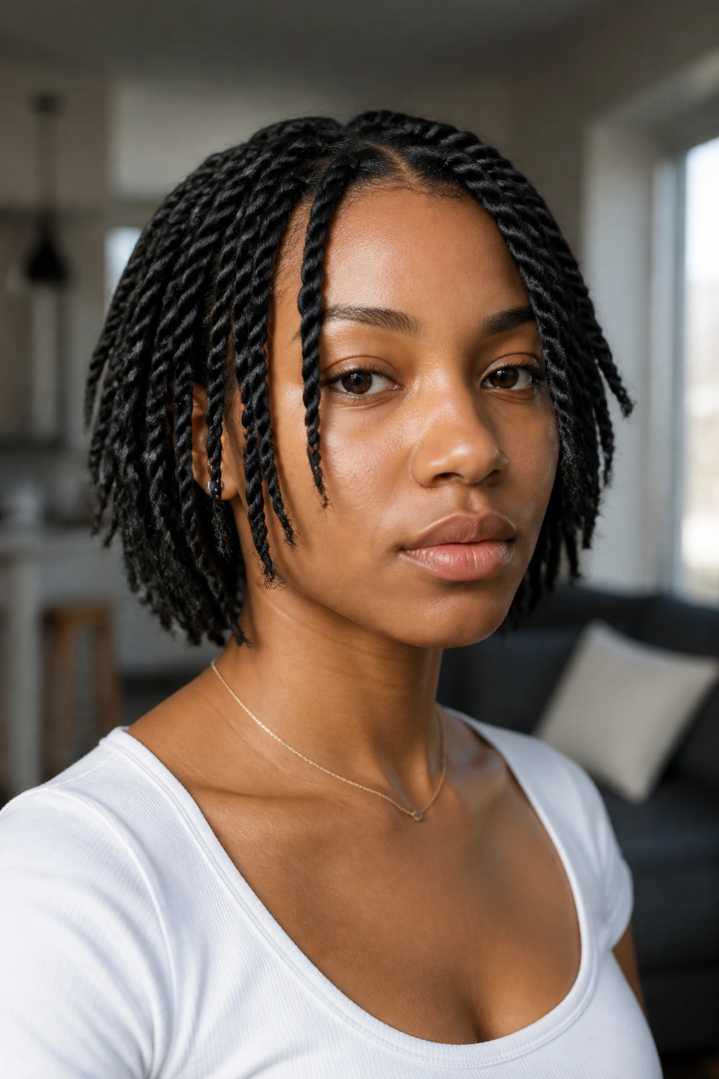 Close-up portrait of a real woman with a jaw-length twist bob.