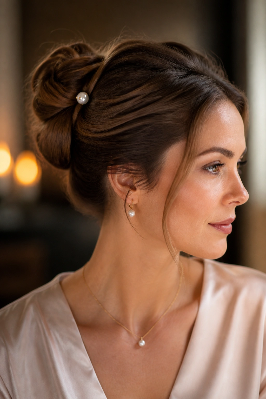 Close-up of a woman with a twist bun and a pearl pin