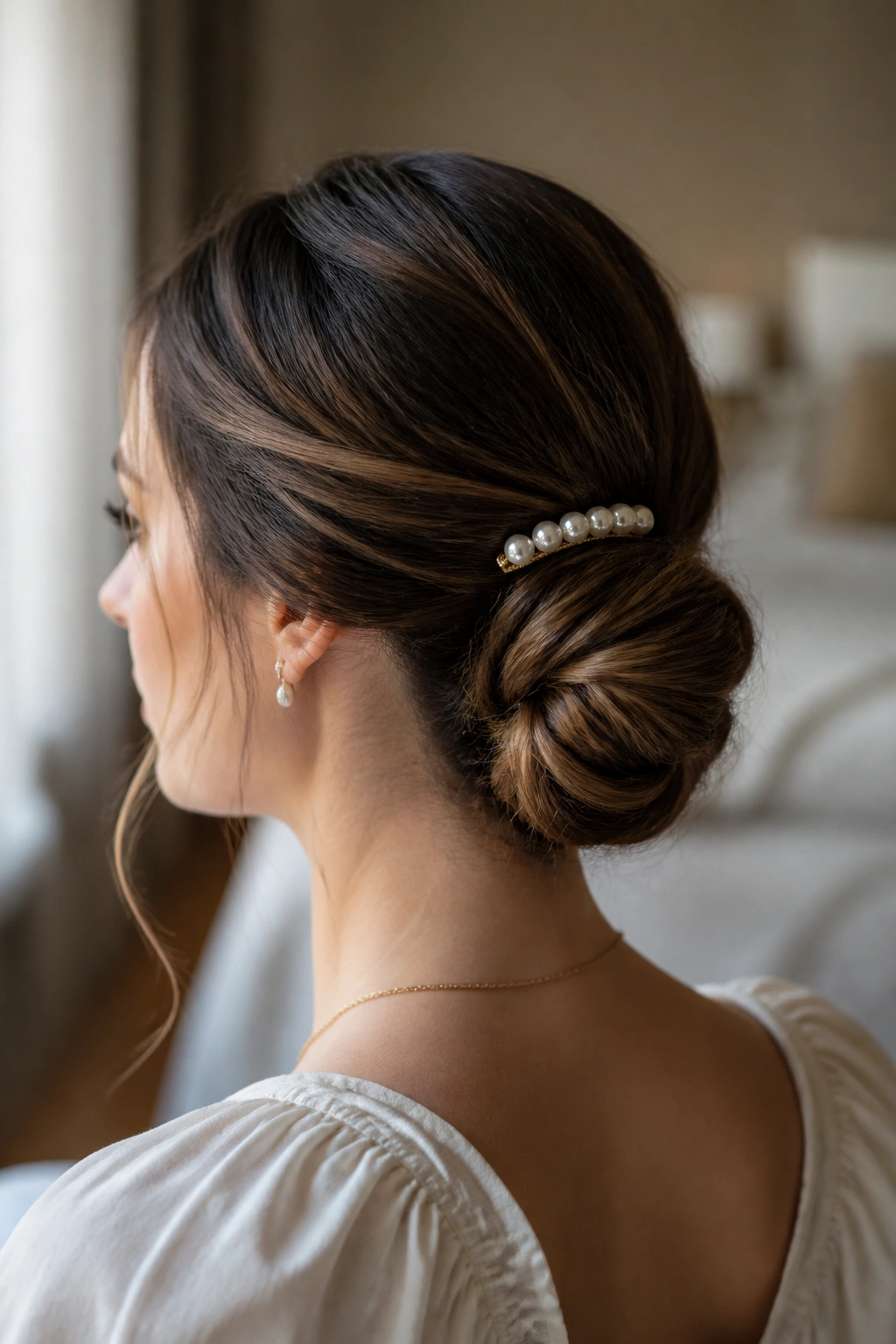 Close-up of a real woman with a low twist bun accessorized by a slim pearl comb in warm window light.