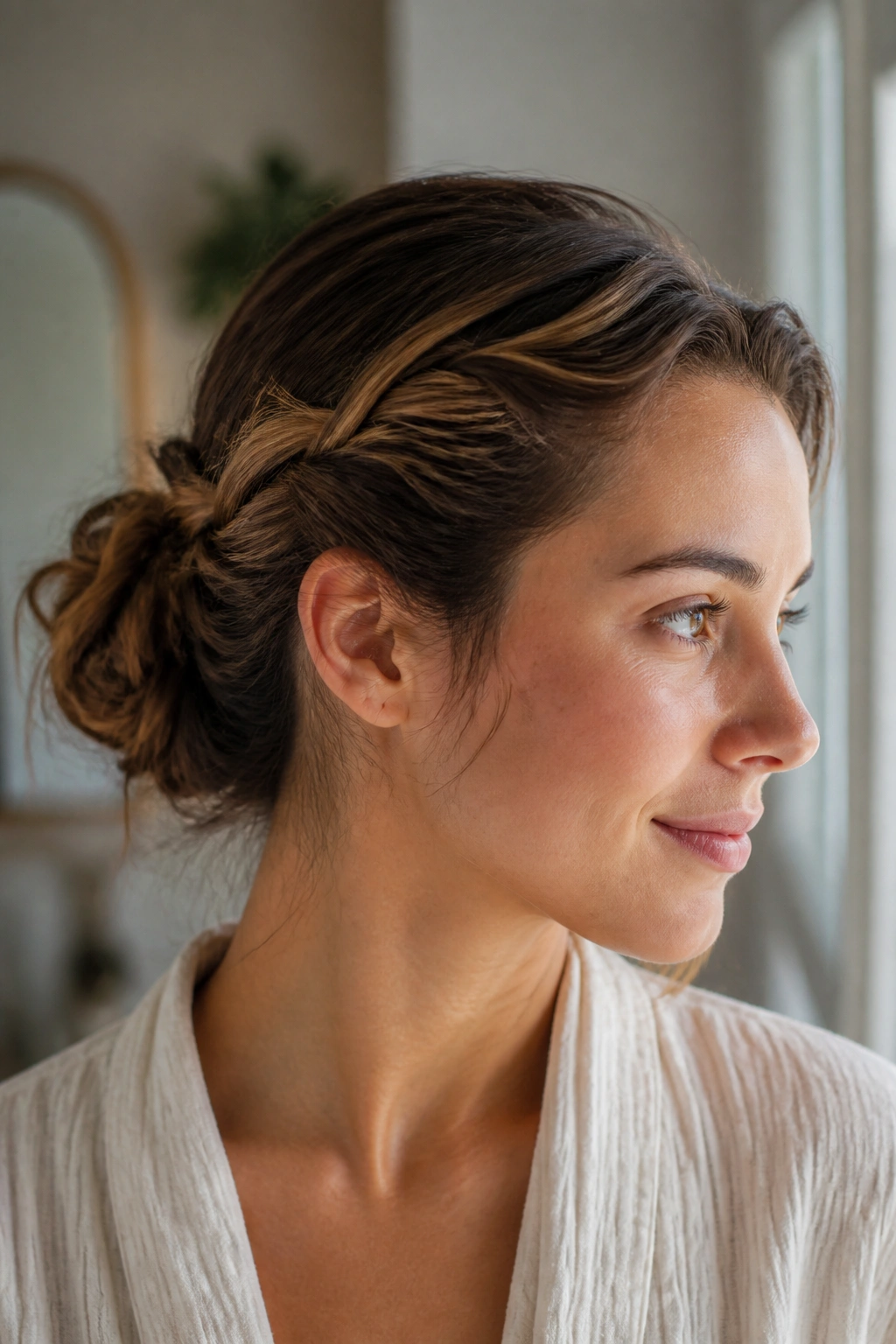 Real woman with a quick twist bun for second-day hair, casual and relaxed.