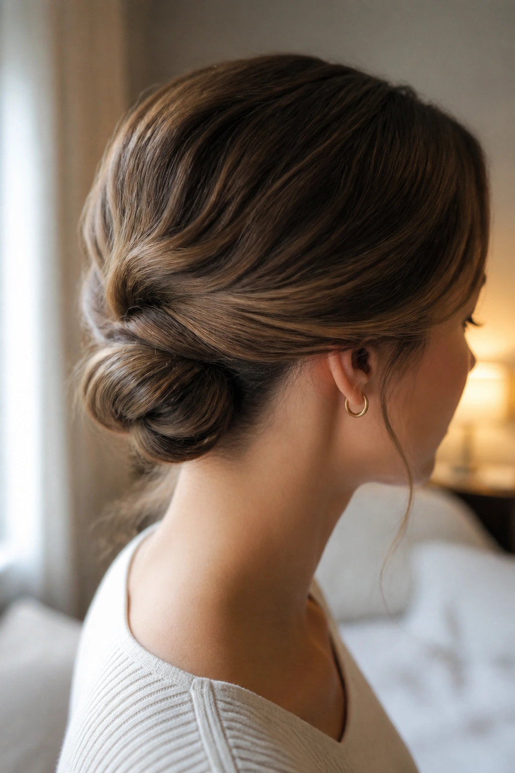 Close-up of a real woman with a tucked twist bun for shorter hair at the nape, soft lighting