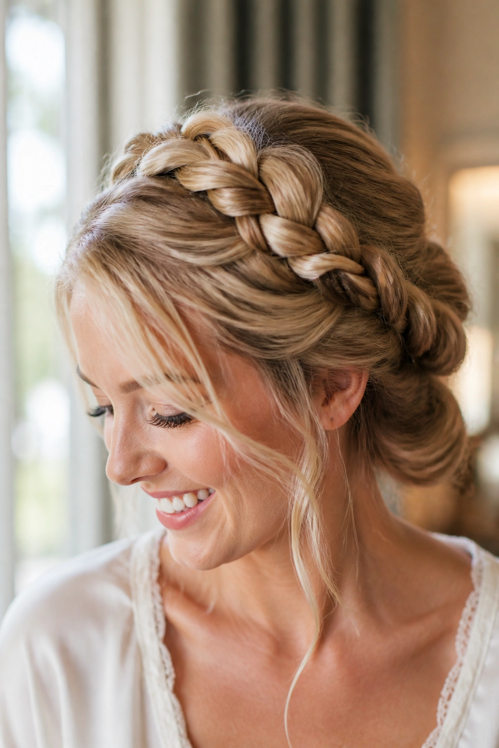 Close-up of a real woman with a soft crown twist-and-braid updo and a low neck roll in diffused indoor light