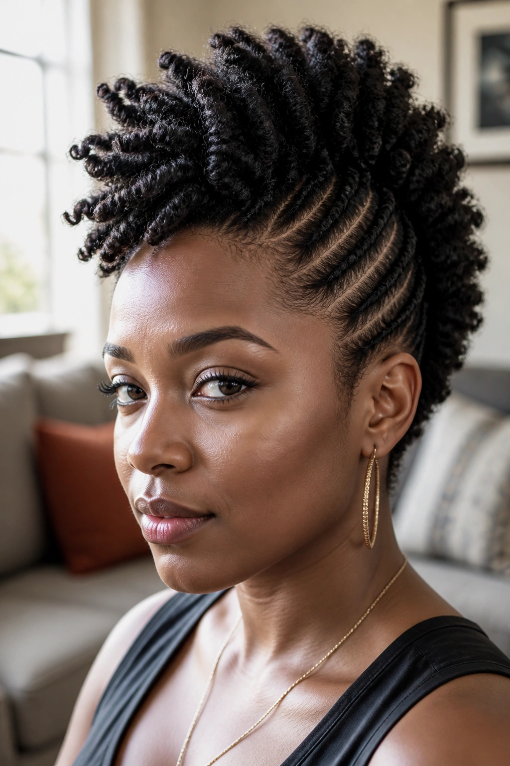 Close-up of a real woman with a twist Mohawk under soft window light